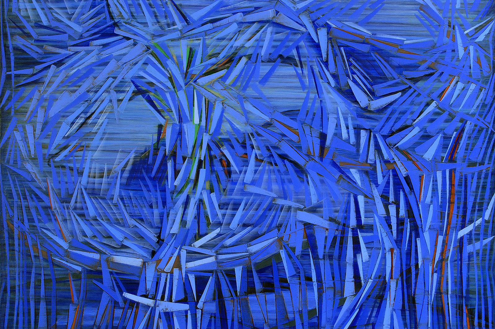 ‘INTOXICATION ’, as part of the ‘Footprints on Snow’ paintings exhibited first at Frank Pictures Gallery in Santa Monica, intends to elucidate through its layered construction a distinctive rendering of forms in terms of color
