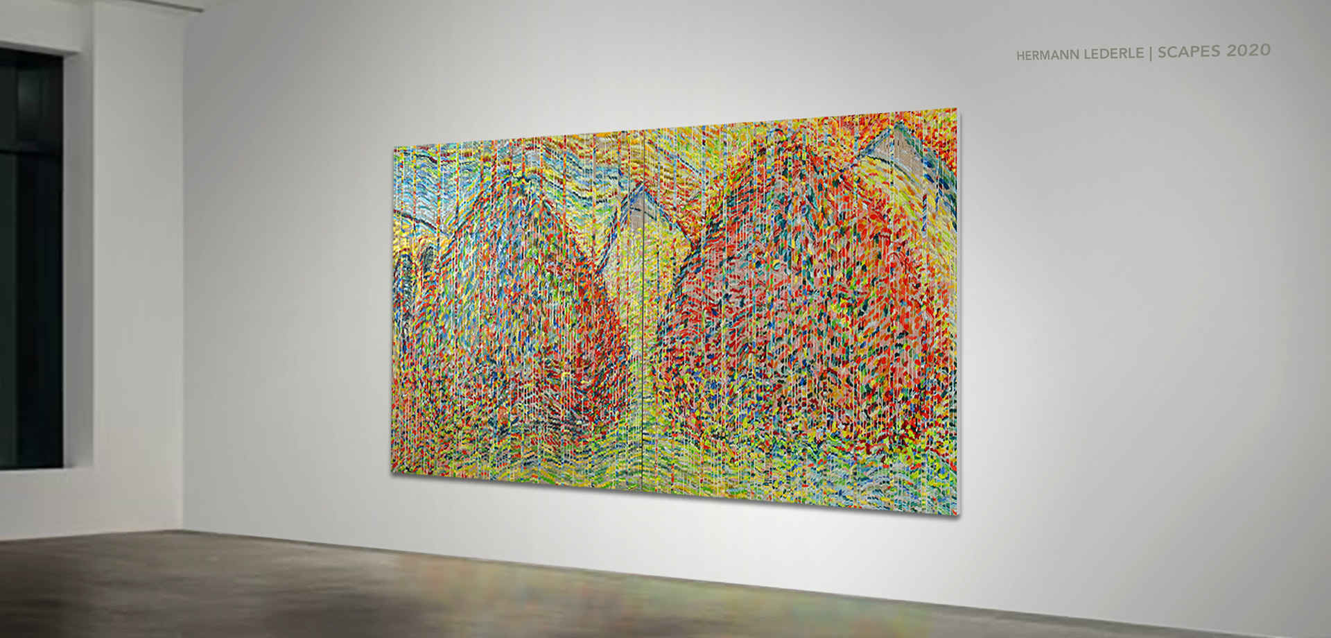 END OF SUMMER 2020 Through its stripes of linen canvas assembled onto the canvas panels, revokes and reveals with playful intend a transformation of PIXEL Impressionism