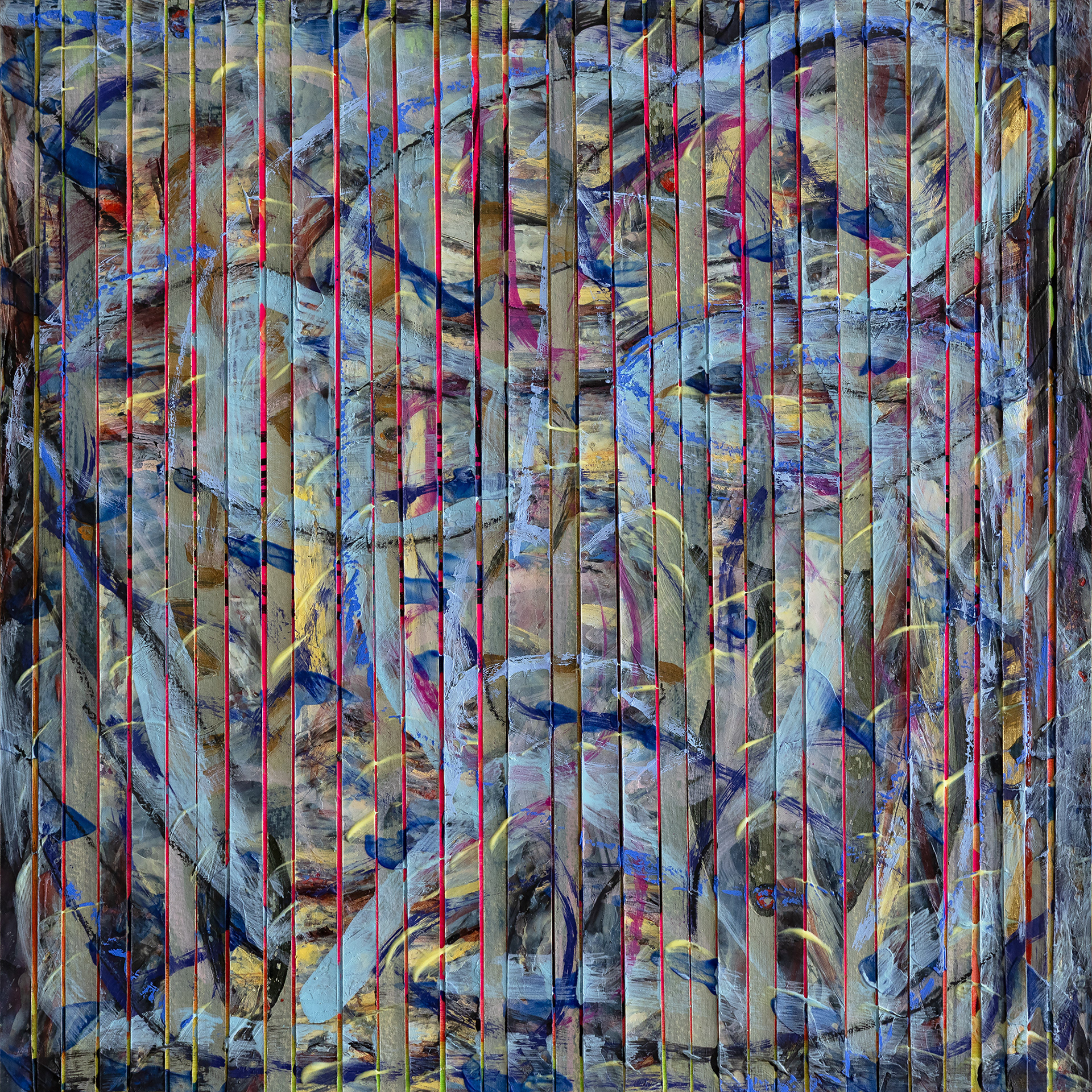 HEADS STRIPES NY ONE oil and gold leaf on paper stripes over canvas, 18 by 18 inches (46x46cm), 2026, HERMANN LEDERLE