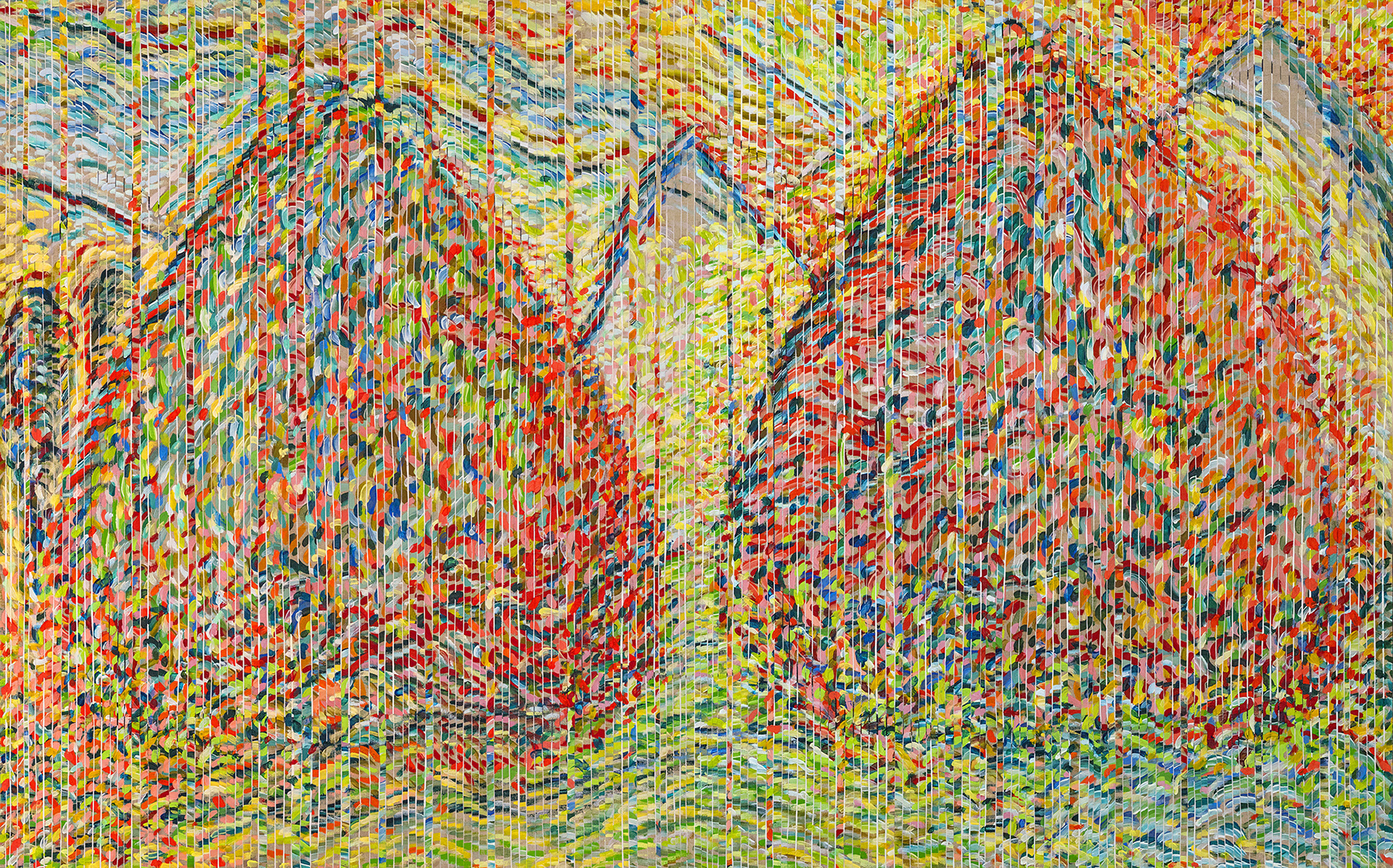 END OF SUMMER oil on linen stripes over canvas, 2 panels, 60 by 96 inches, 2020, HERMANN LEDERLE