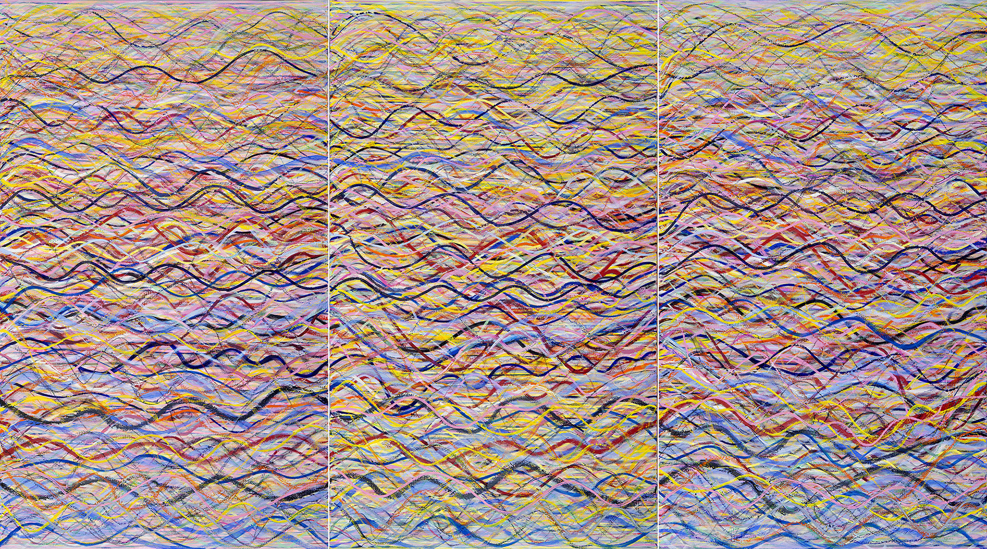 SERENADING OILS oil/acrylic on canvas, 3 panels, 60 by 108 inches, 2020 IN PROGRESS, HERMANN LEDERLE