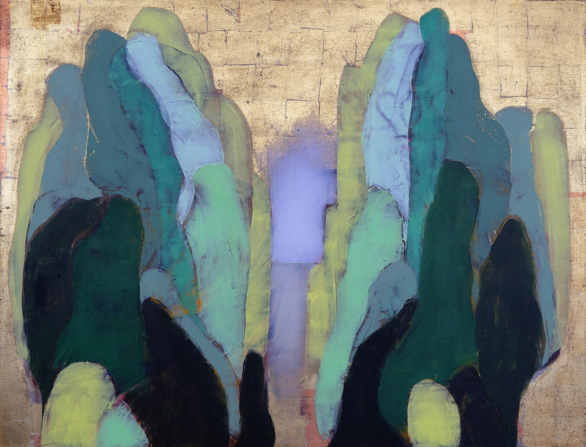 INTO THE HILLS oil and gold leaf on canvas, 38 by 50 inches, 2020, HERMANN LEDERLE