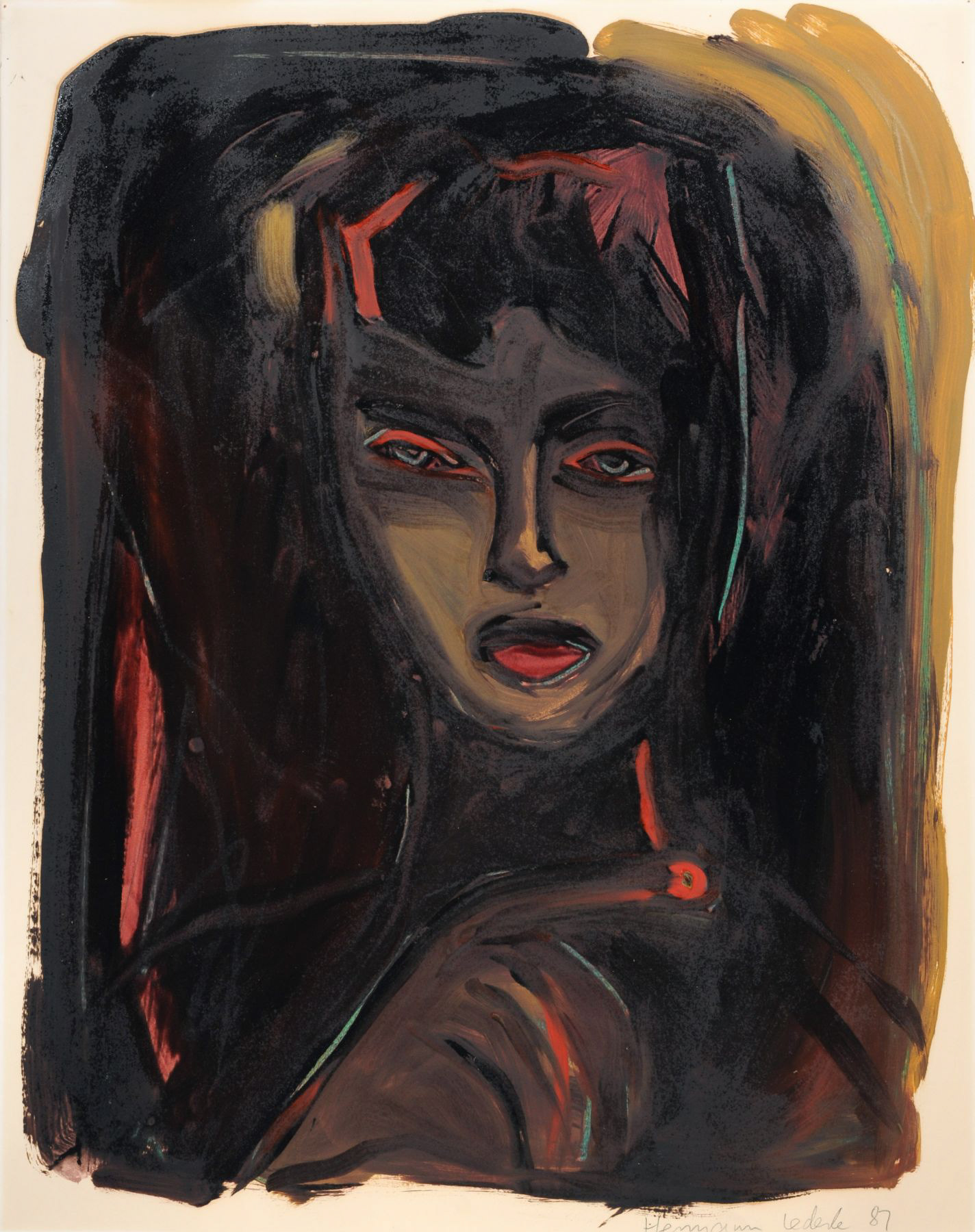 'FRAUENKOPF' oil on paper, 28 by 22.5 inches, New York City 1987, HERMANN LEDERLE