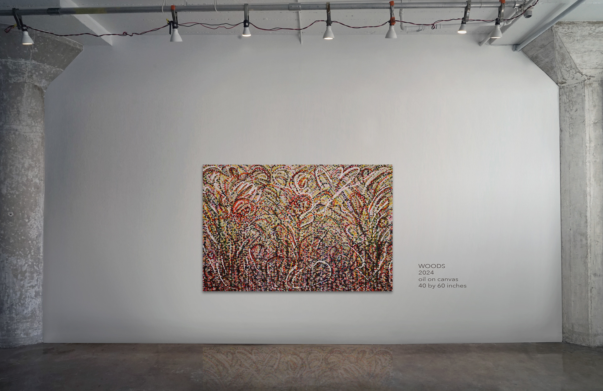 WOODS 2024 Breakaway Pixels combined with cut strips of layered canvas emphasizing a suggestive 3D scape