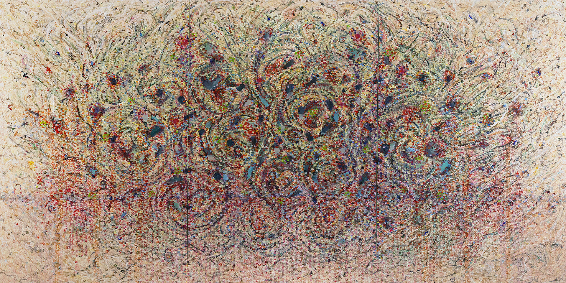 BINGE COOLING ASHES oil on canvas, 3 panels, 72 by 144 inches (183x366cm), 2025