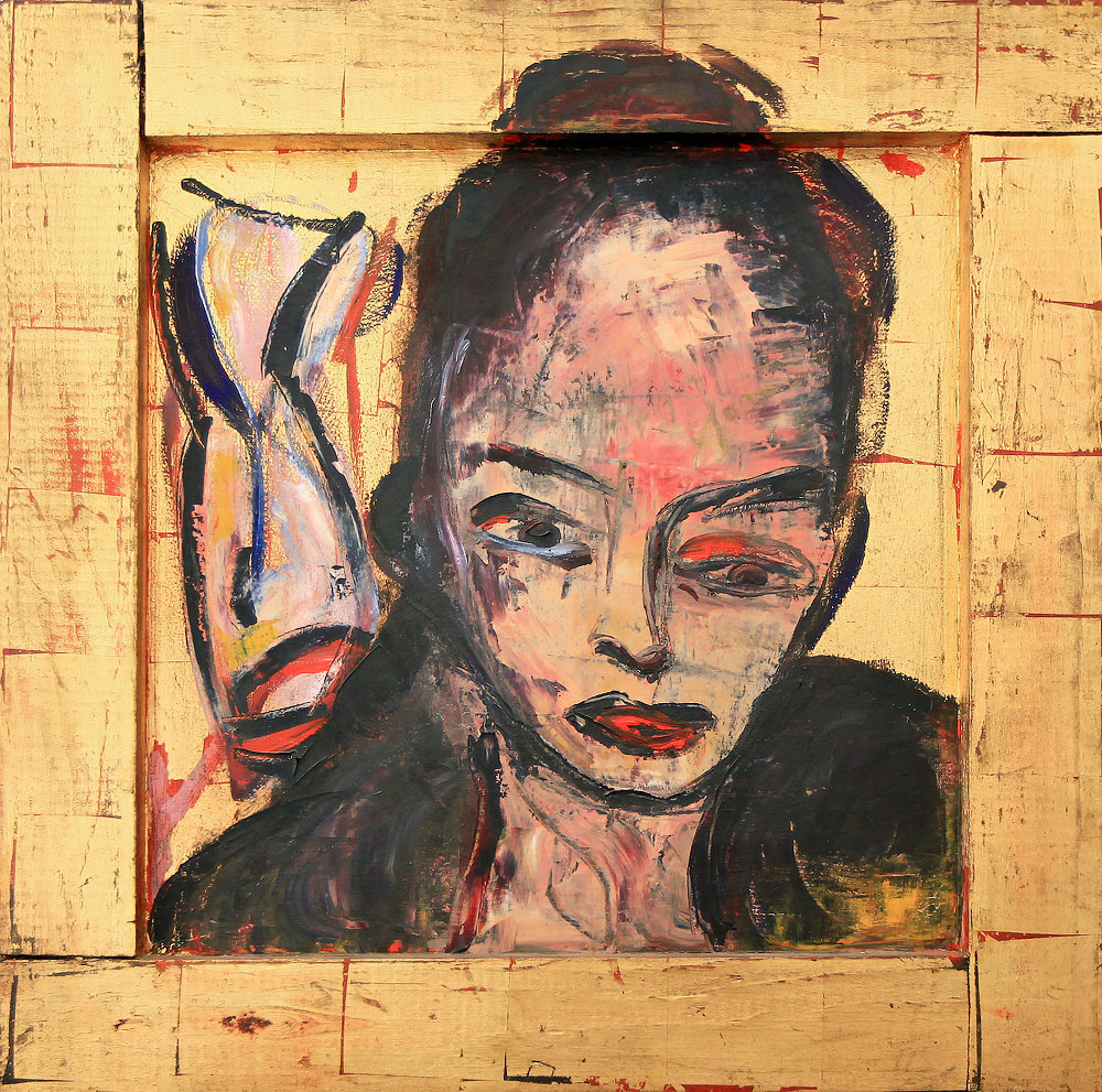 FISH WITH GIRL oil on canvas & wood frame, 19 by 19 inches, 1987, HERMANN LEDERLE