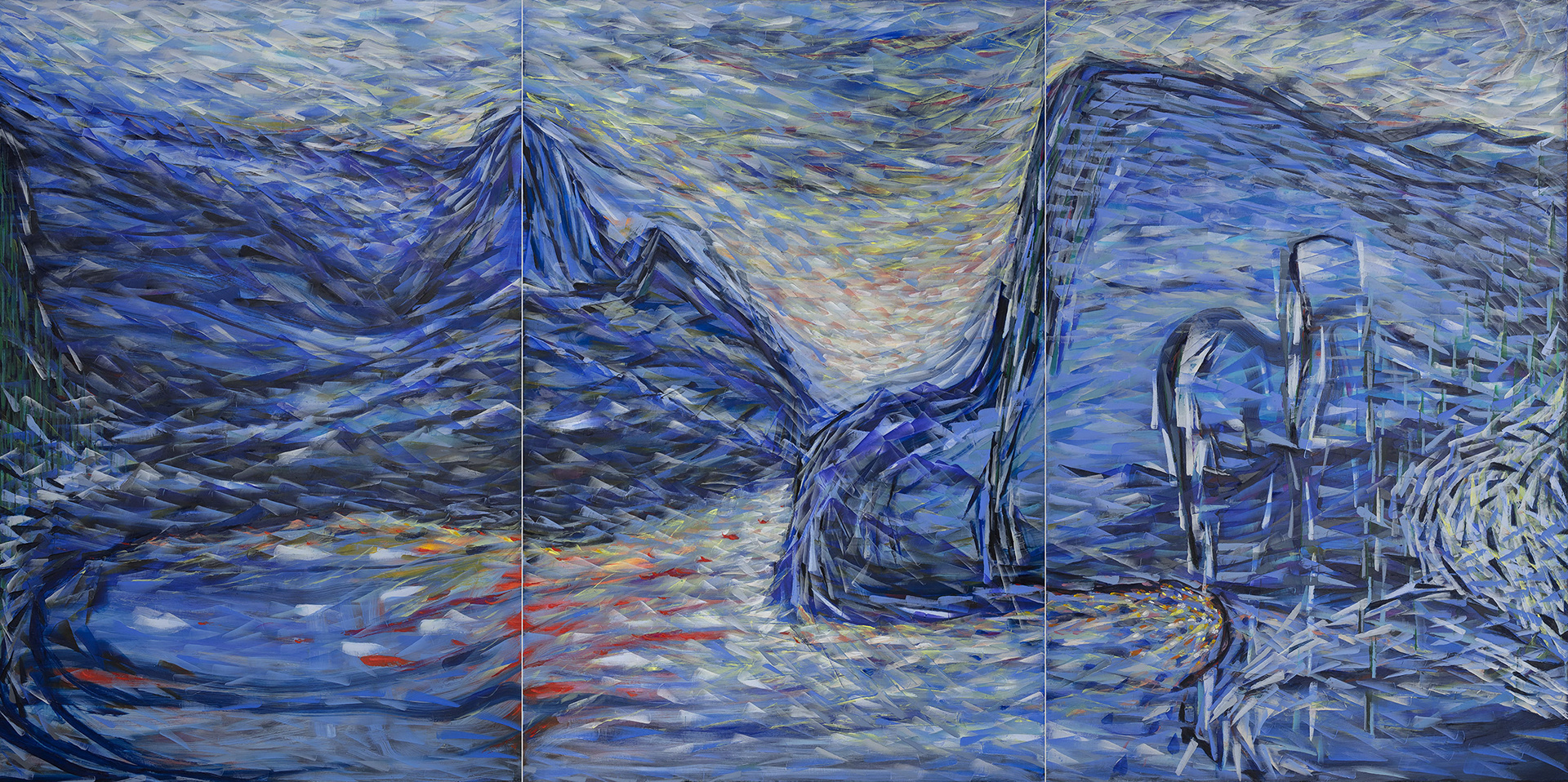 INTO THE LAKE oil on canvas, 3 panels, 60 by 120 inches, 2020, HERMANN LEDERLE