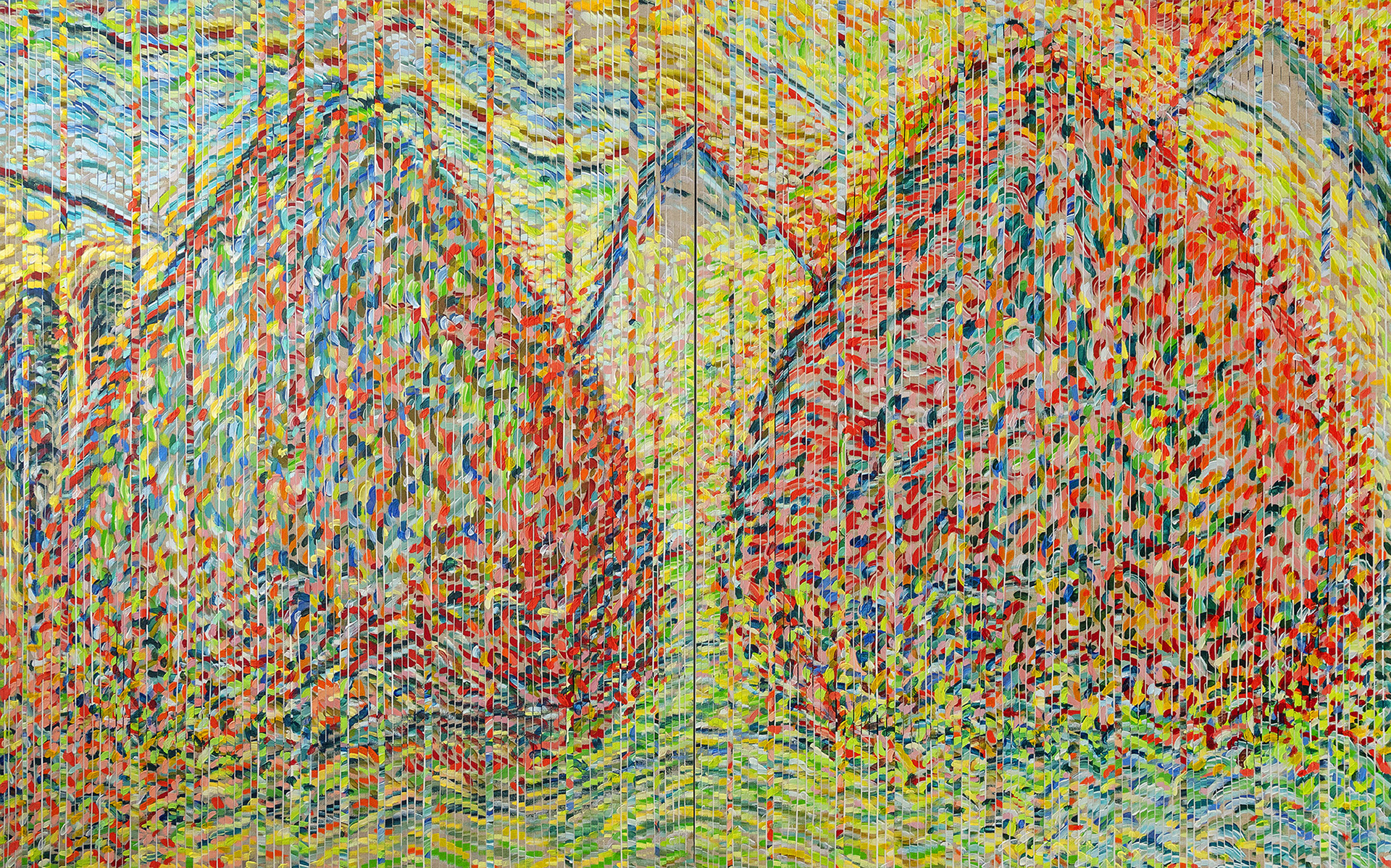 END OF SUMMER oil on linen stripes over canvas, 2 panels, 60 by 96 inches (152x244cm), 2020, HERMANN LEDERLE