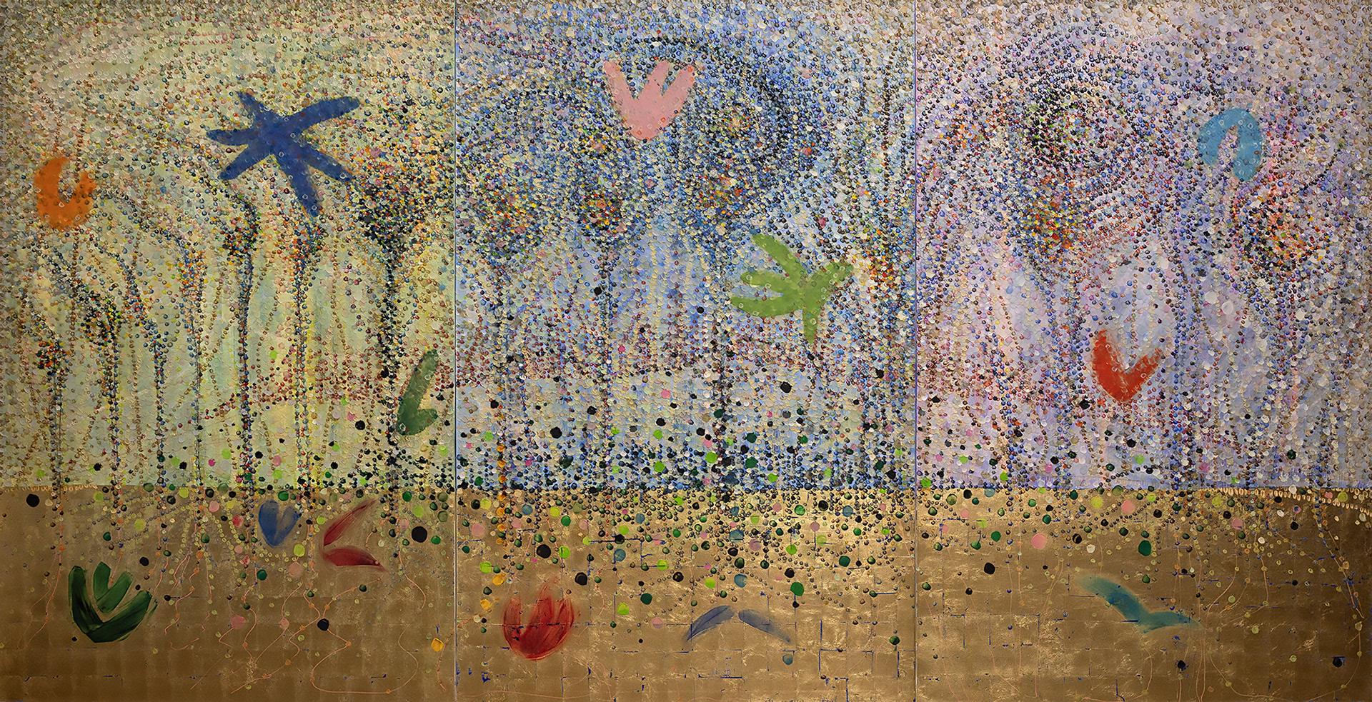 BANKS oil and gold leaf on canvas, 3 panels, 72 by 144 inches (183x366cm), 2022