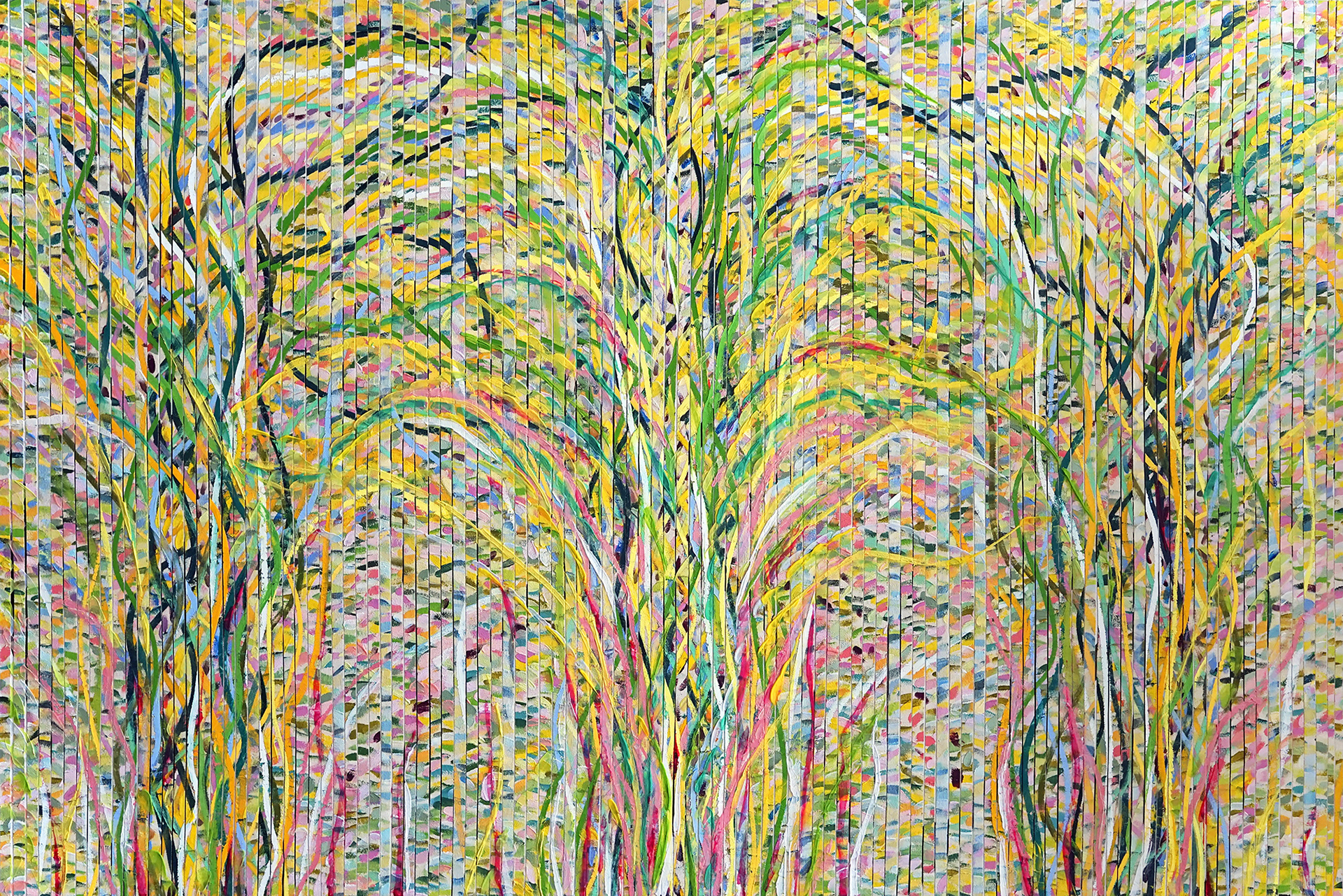 INTO THE WOOD oil on canvas stripes over canvas, 40 by 60 inches (102x152cm), 2020, Hermann Lederle