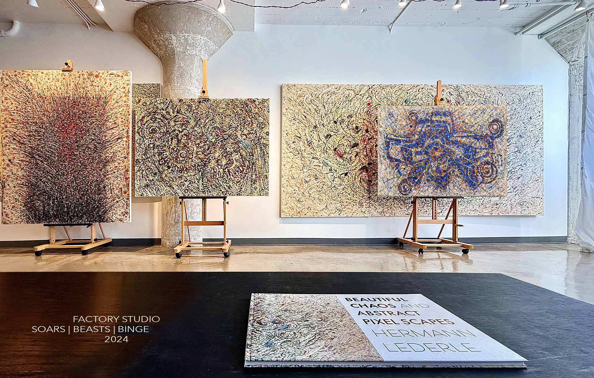 SOARS-BEASTS-BANG-BINGE Paintings by Hermann Lederle at Factory Studio with Brochure Beautiful Chaos and Abstract Pixel Scapes