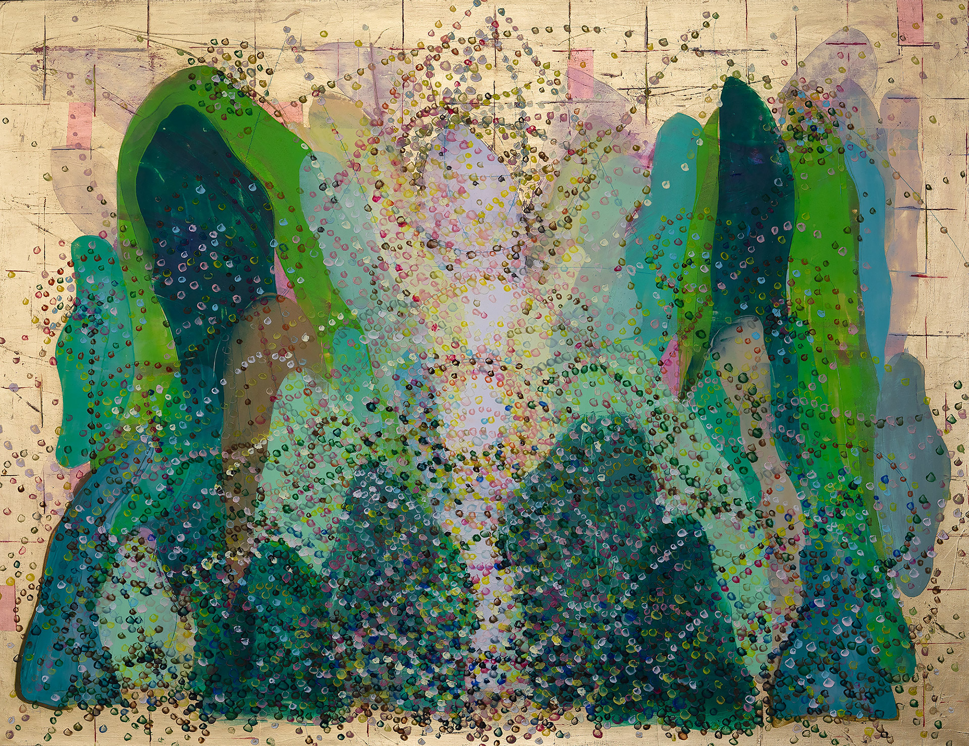 FLIRTING (INTO THE UNTAMED) oil and gold leaf on canvas, 38 by 50 inches, 2021, HERMANN LEDERLE