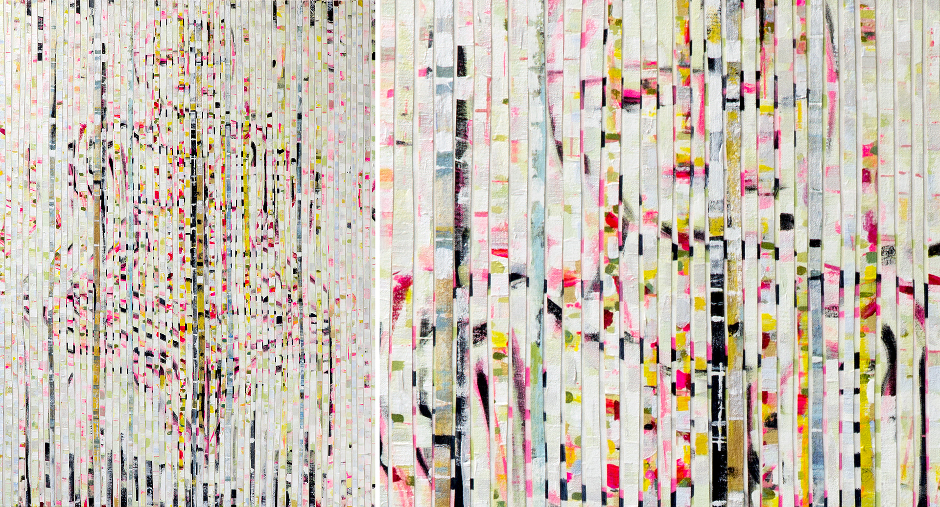 ‘ADAPTATION DEAM’, mixed media on canvas stripes over canvas, 50 by 38 inches (127 x 96 cm), 2015 - FULL + DETAIL The composition of this work is made up from three different canvases laid over a sketched up primary canvas.