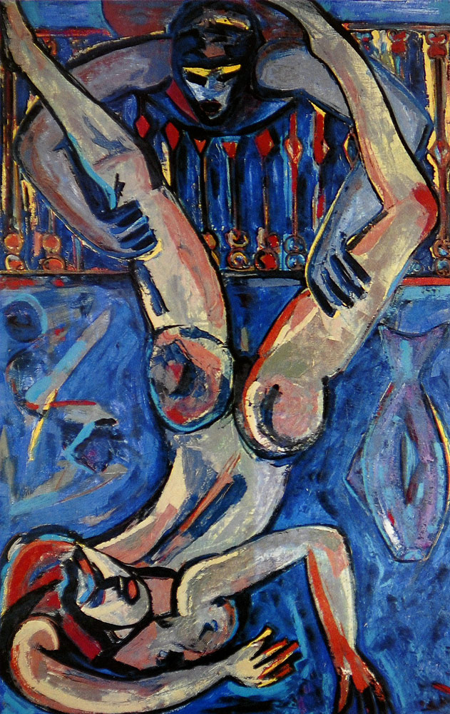 BLUE FALL oil on canvas, 68 by 44 inches, 1985, HERMANN LEDERLE