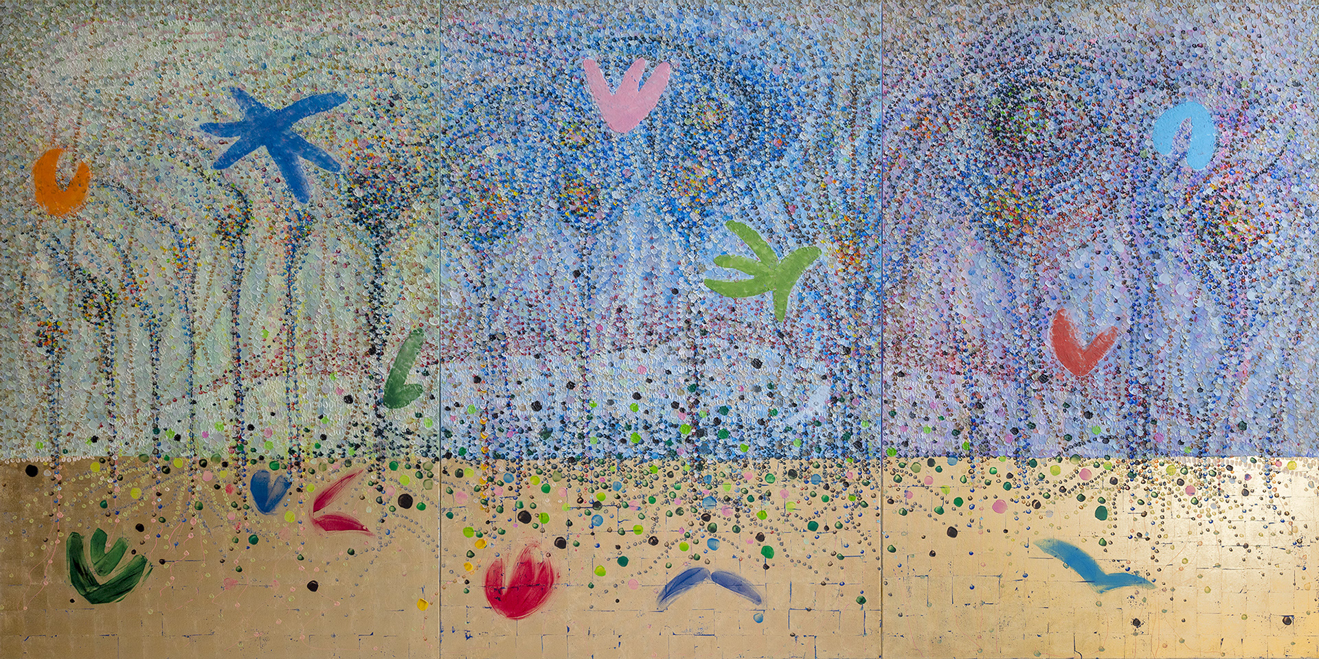 BANKS, oil and gold leaf on canvas, 3 panels, 72 by 144 inches, 2022, hermann Lederle