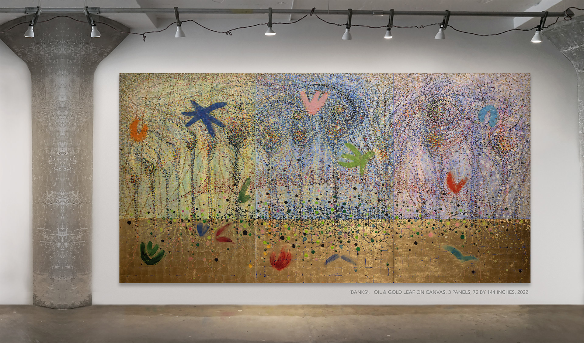 Banks, oil and gold leaf on canvas, 3 panels, 72 by 144 in, 2022