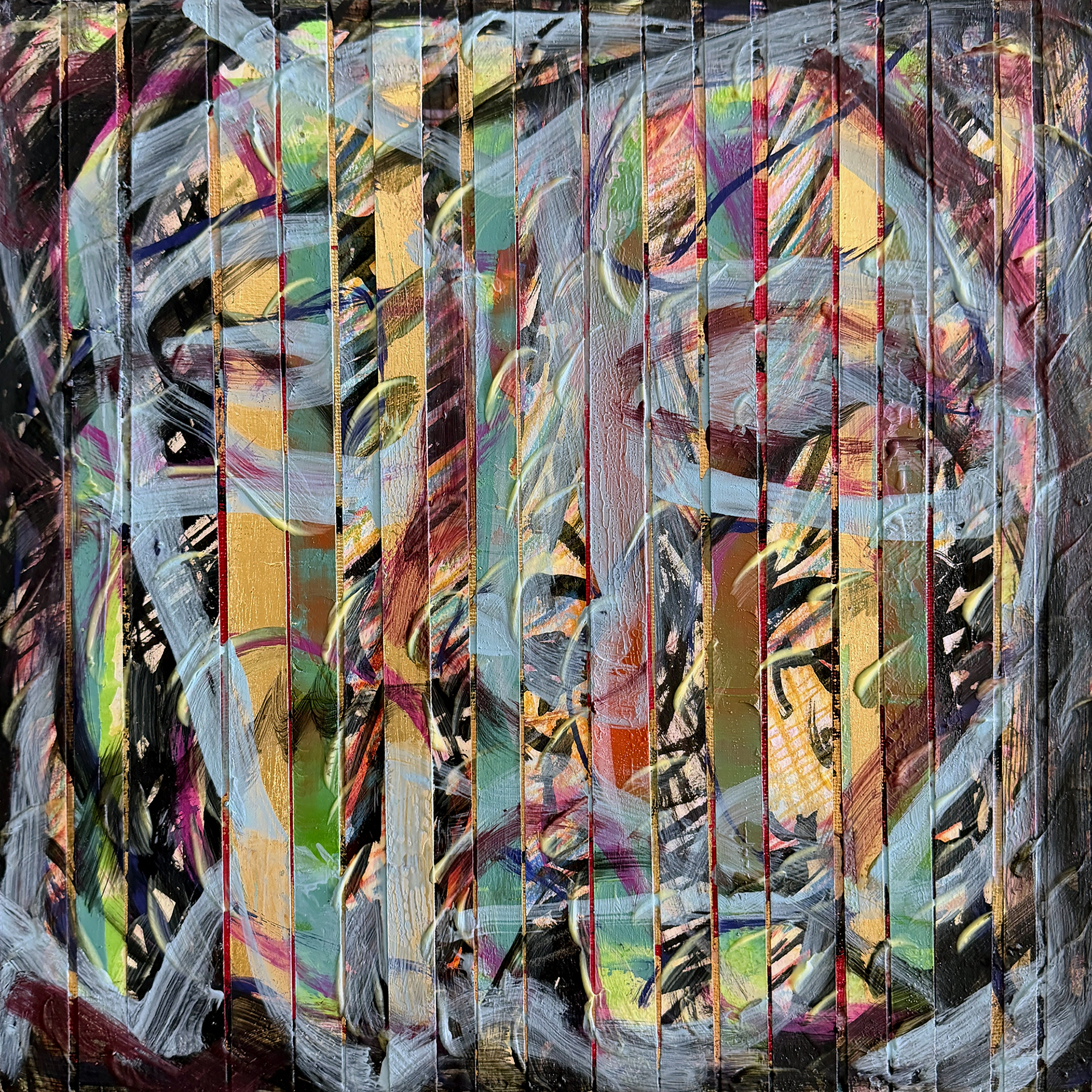 HEADS BERLINA oil and gold leaf on paper strips on canvas, 12 by 12 inches (30 x 30cm), 2025, HERMANN LEDERLE