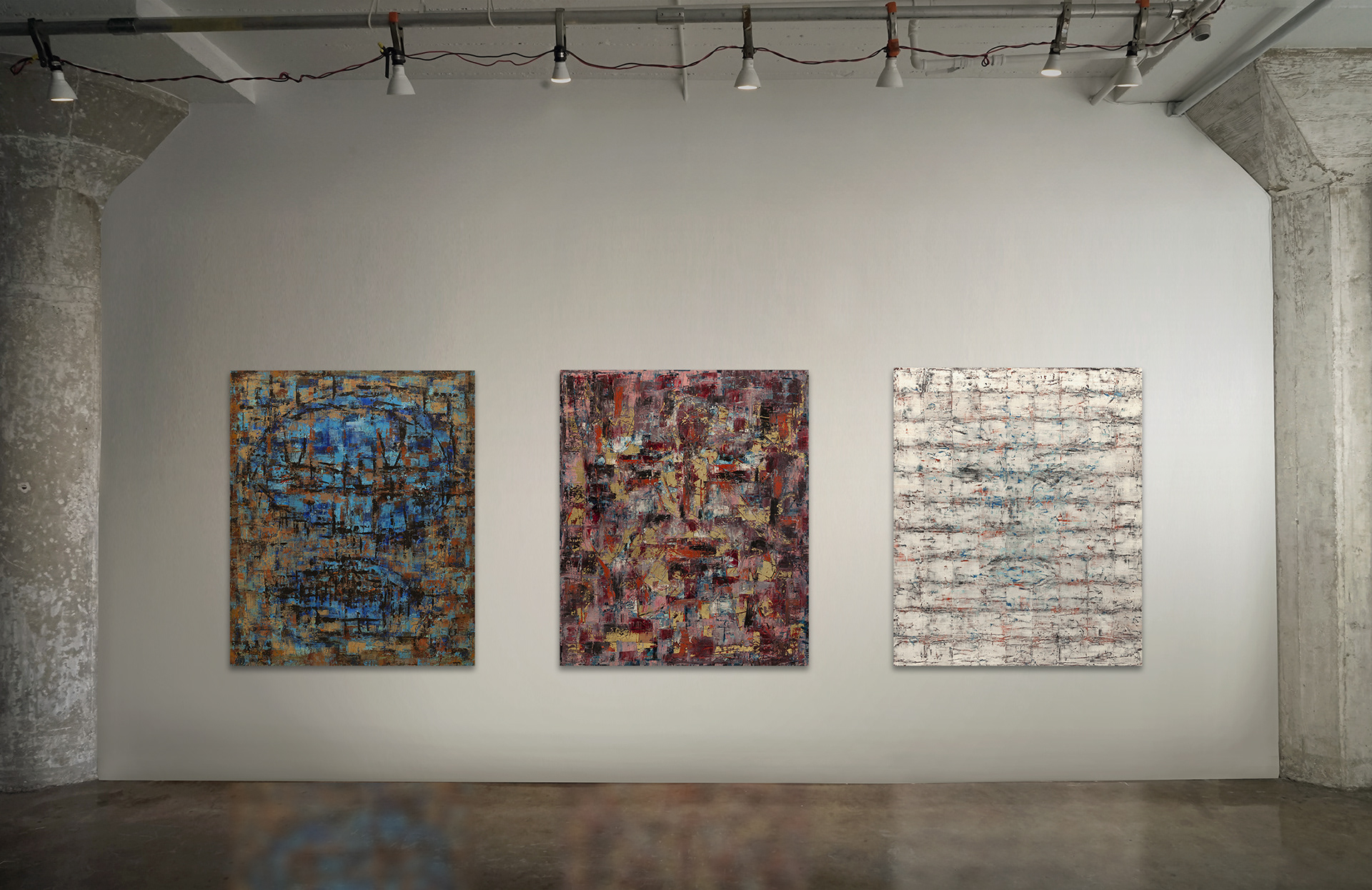 The Pixel series at Factory Art Studio 2020 showing the paintings 'FIRST IMAGE', 'MOCKMUTAUL' and 'MEMORY'