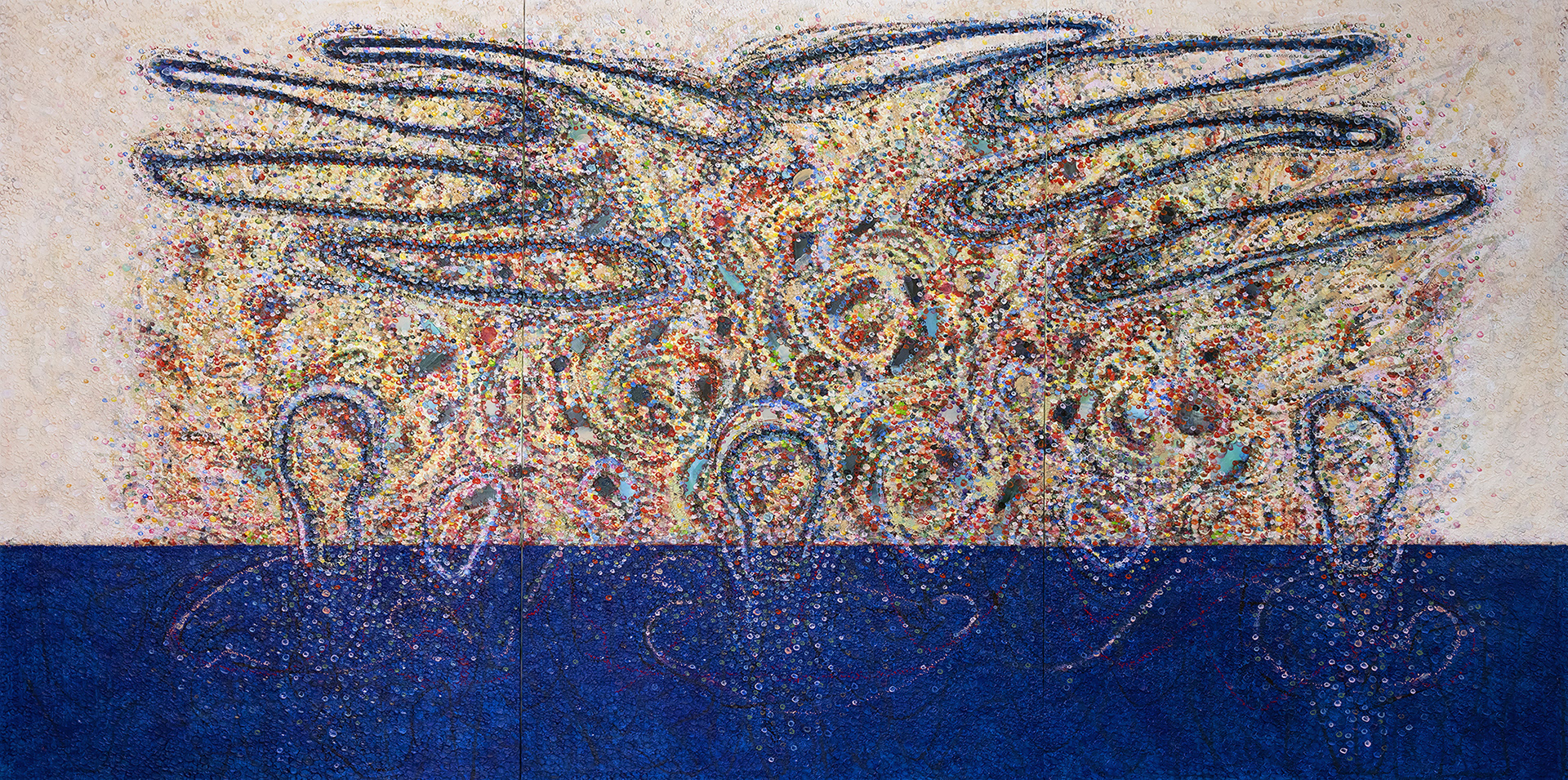 BINGE oil on canvas, 3 panels, 72 by 144 inches (183x366cm), 2026, Hermann Lederle