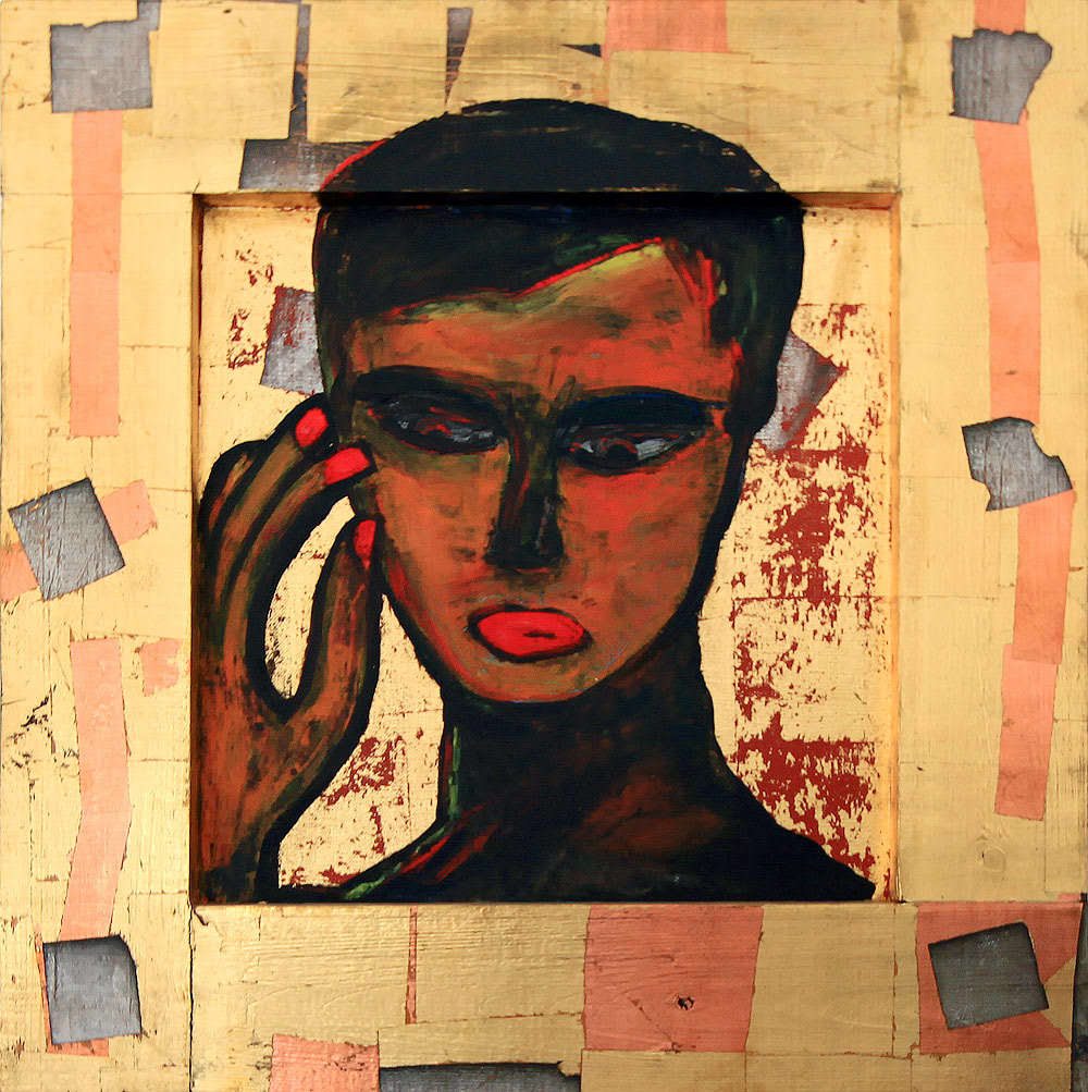 ORANGE HEAD oil on canvas & wood frame, 19 by 19 inches, 1987, HERMANN LEDERLE