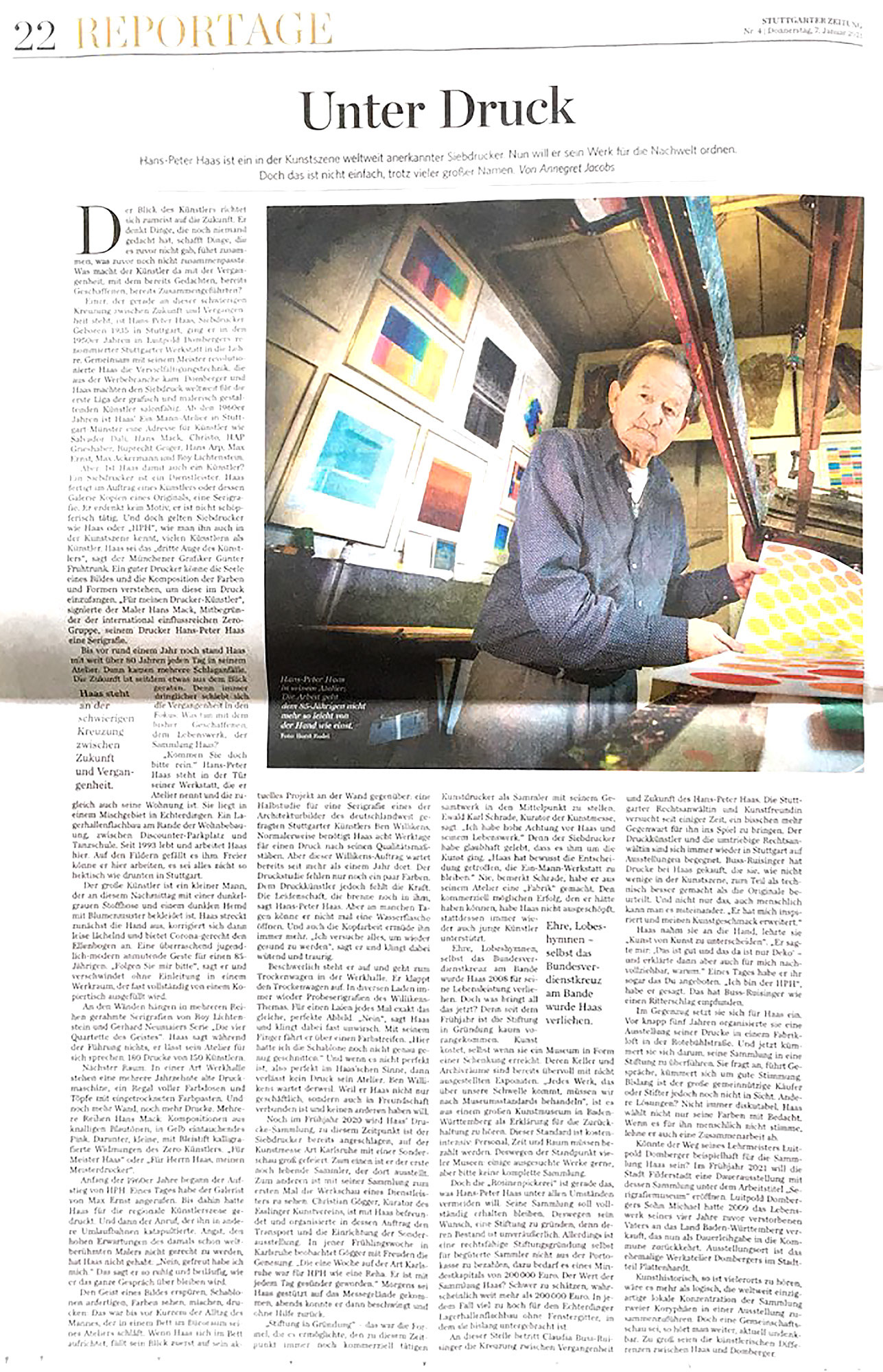 STUTTGARTER ZEITUNG 1-7-2021, UNDER PRESSURE, World renowned printer Hans-Peter Haas is looking to establish a foundation for his collection of Serigraphs of great European and international artists.