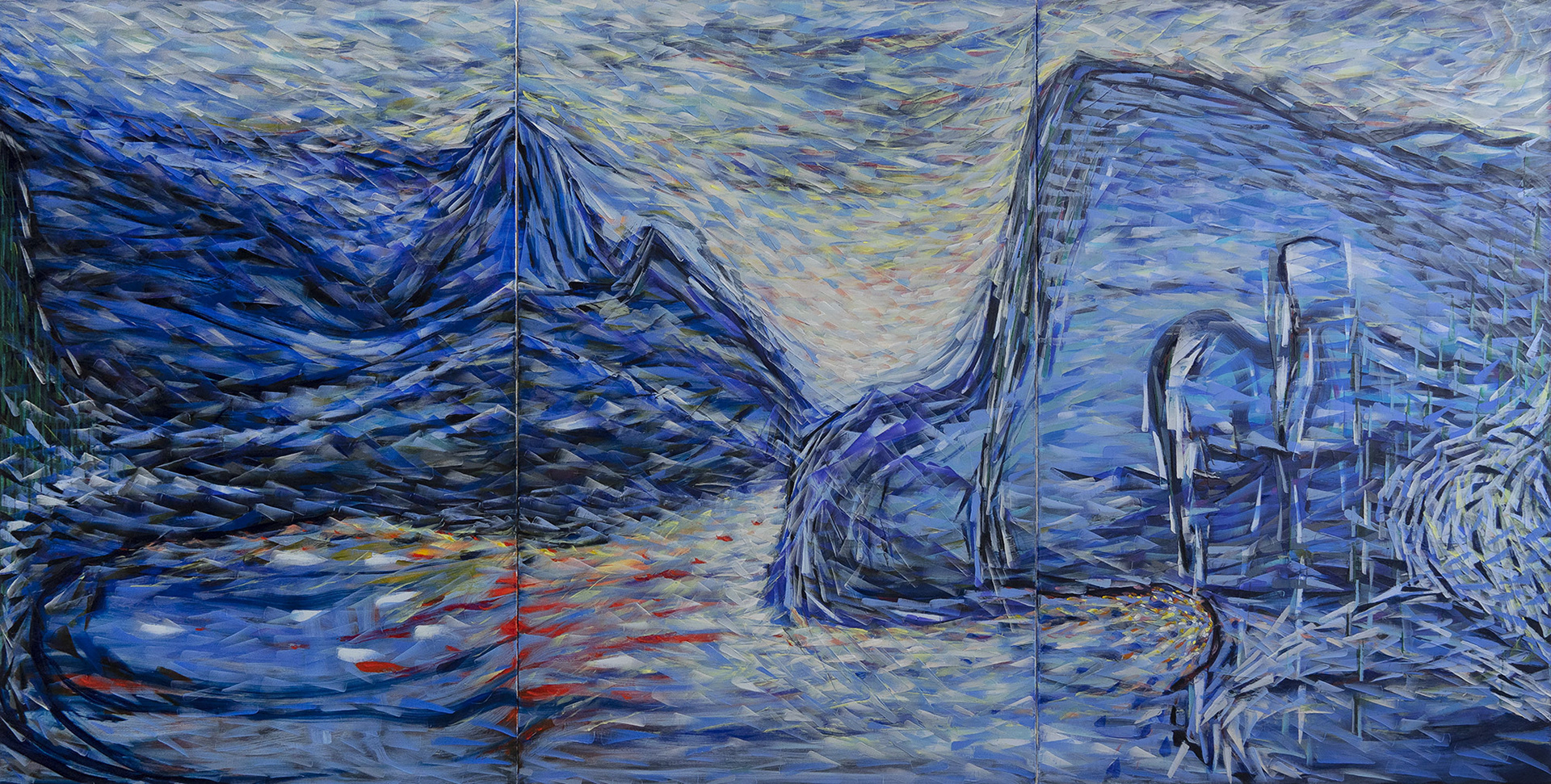 'INTO THE LAKE', oil on canvas, 3 panels, 60 by 120 inches (152x305cm), 2020 One of the latest work by Lederle, ‘INTO THE LAKE’ wants to capture the essence of this actual landscape in symbolic abstraction.