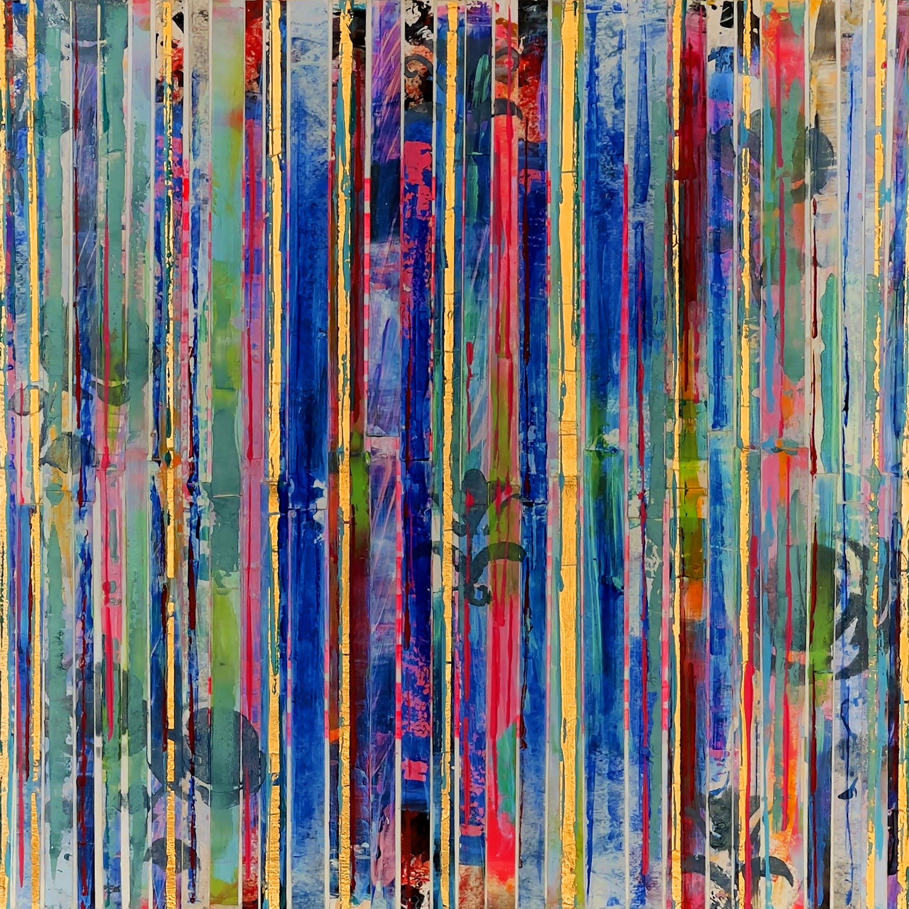 ADAPTATION PALETTE oil and gold leaf on paper stripes over canvas, 20 by 20 inches (51 x 51 cm), 2019, HERMANN LEDERLE