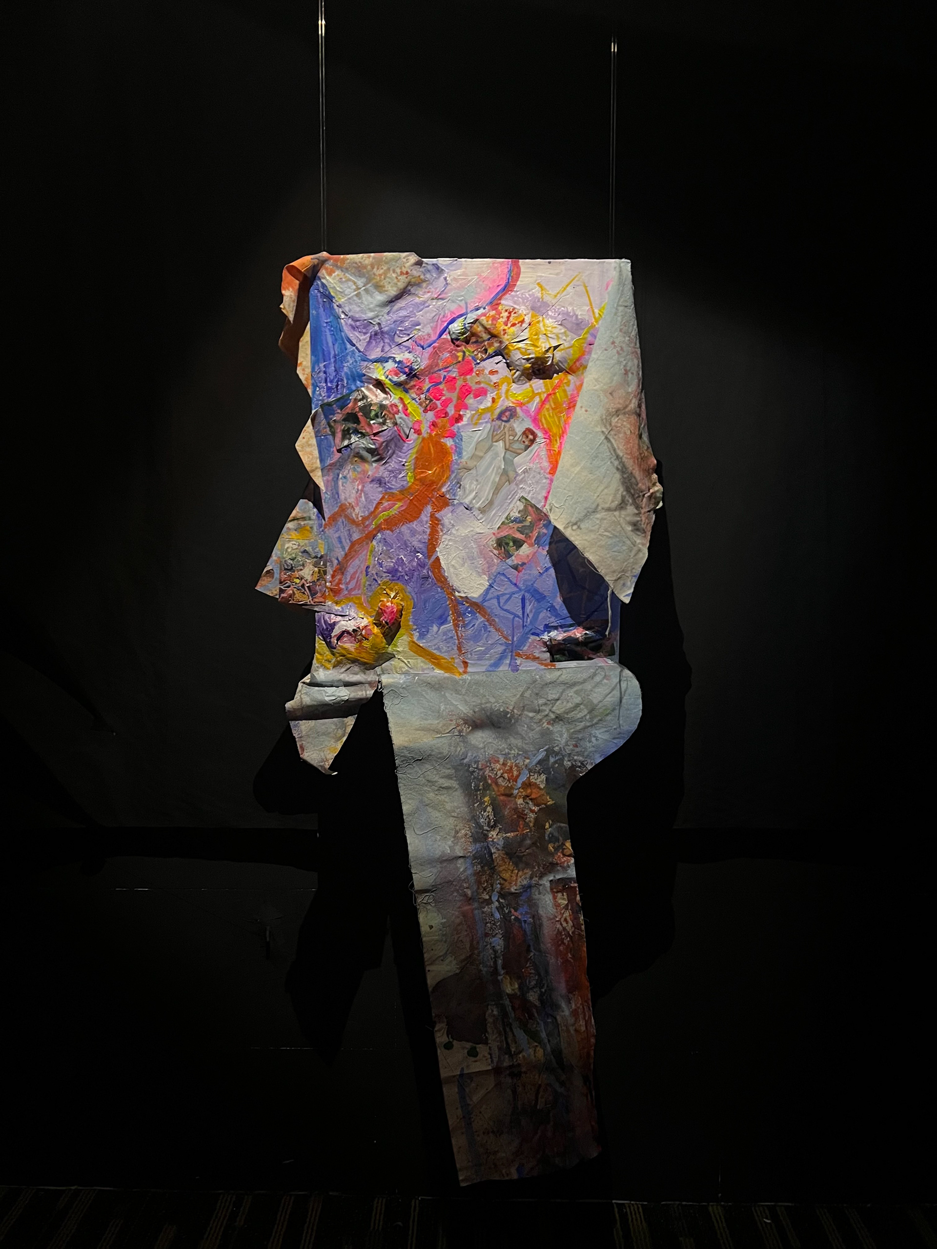 12 layers, 12 years of friendship. qi and jing is a collaborative mixed media painting on canvas by Jean and Claire. Transfusing vivid colours with distinct gestural strokes across the canvas, the duo took turns to compound layers of paint, cutouts and symbols by their own volition – forming a narrative mass of resembled memories and perspectives. qi and jing reflects the often complex and transformative nature of relationships. The assemblage of spirited hues, concerted strokes, and figurative imagery alludes to the destruction and rebirth of identities for those who form a relationship together – how we converge, estrange, intersect, reconcile and … learn to love one another throughout time.