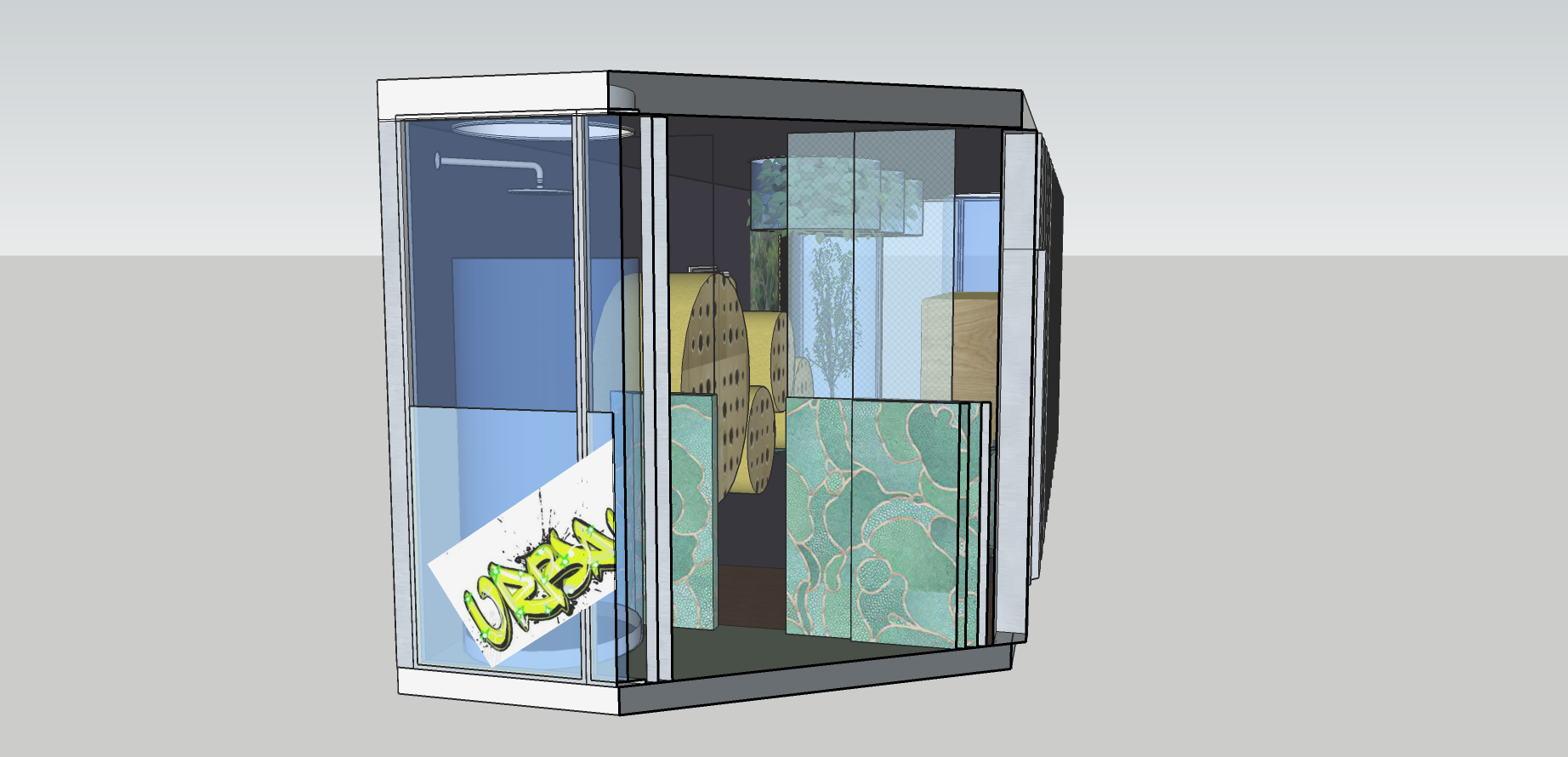 Rendered Cut through view of Container in Sketchup
