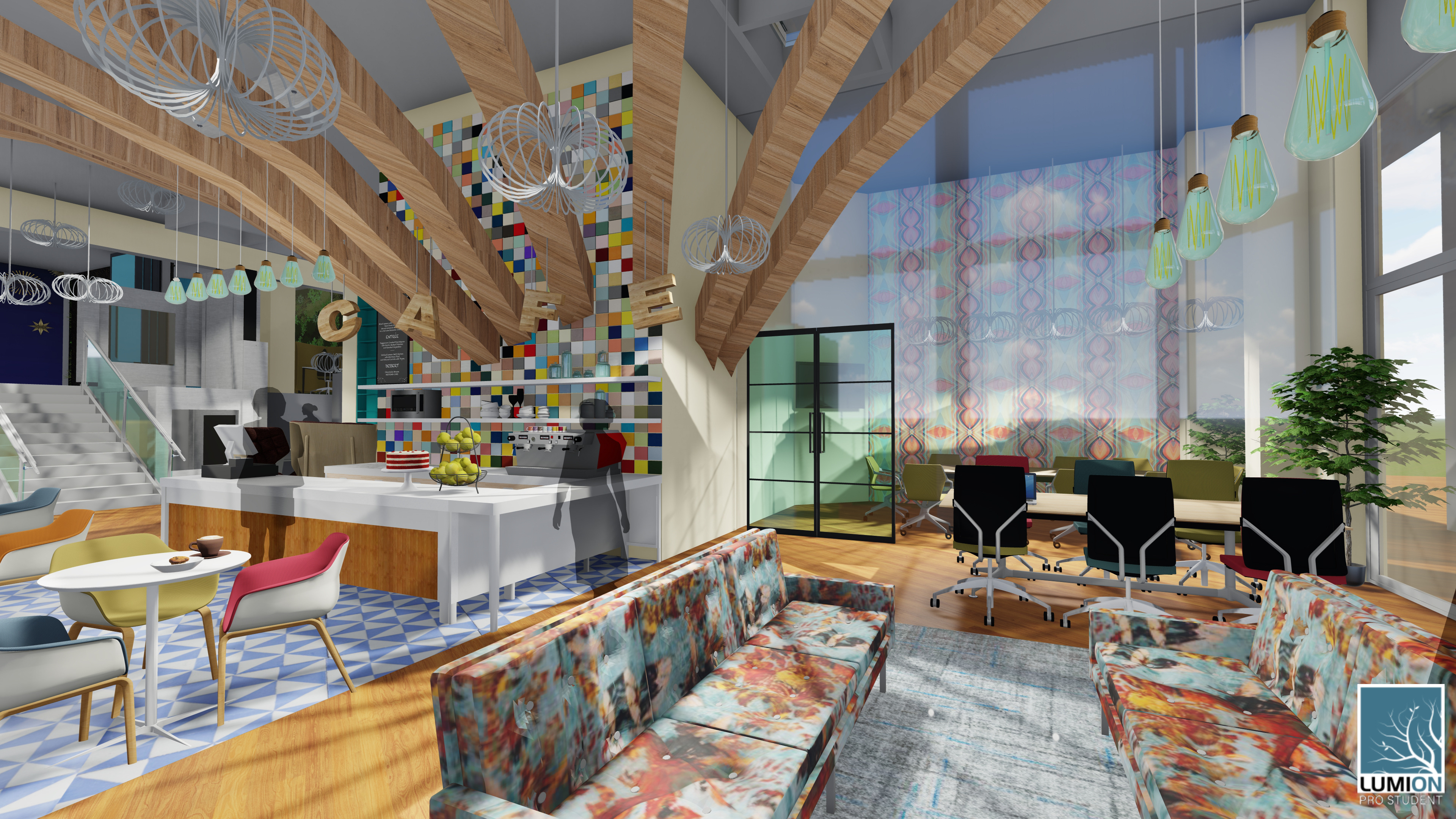 Work and meeting spaces next to cafe