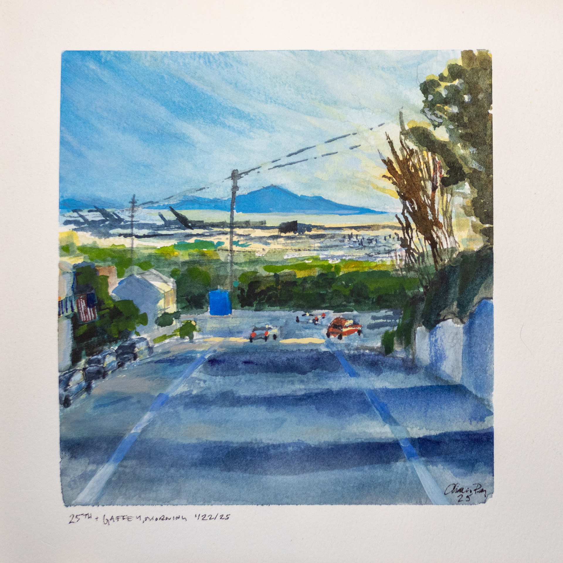 25th and Gaffey, Gouache on Cotton Coldpress Paper, ©Charissa Pray 2025 (not for sale)