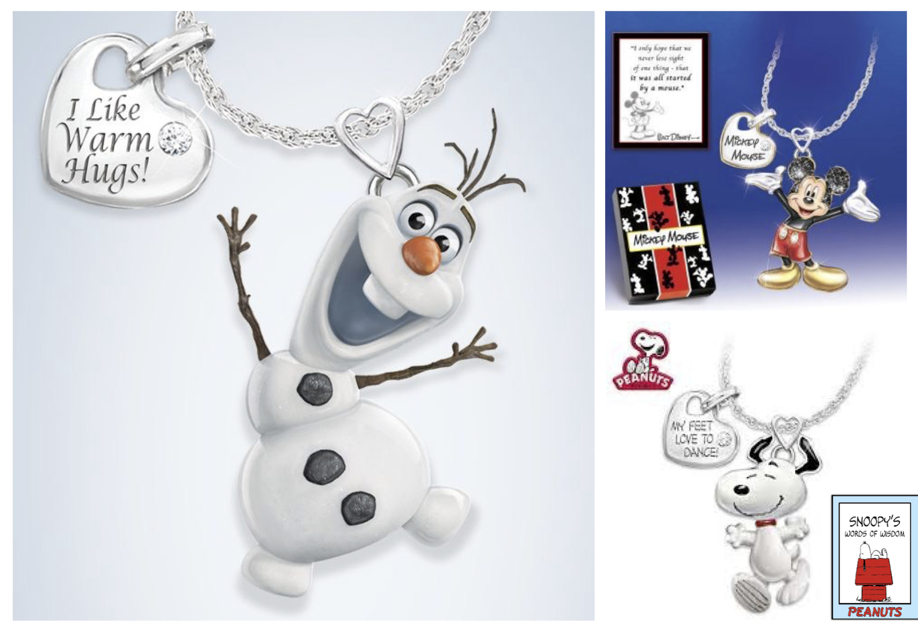 Licensed "Cute Couture" pendants; Disney® Frozen and Mickey Mouse, Peanuts® Snoopy