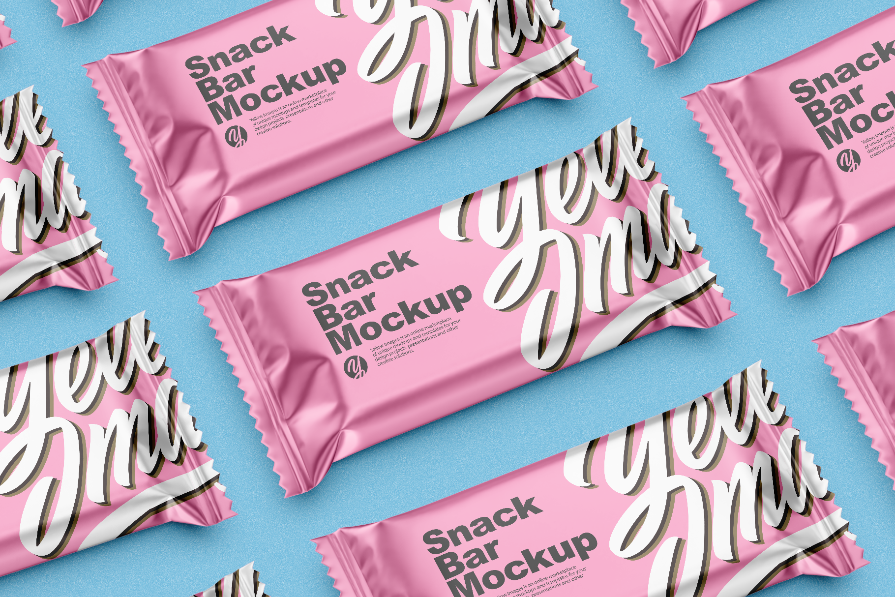 Pink snack bar packaging mockup with a stylish design, displayed against a blue background in a repeating pattern.