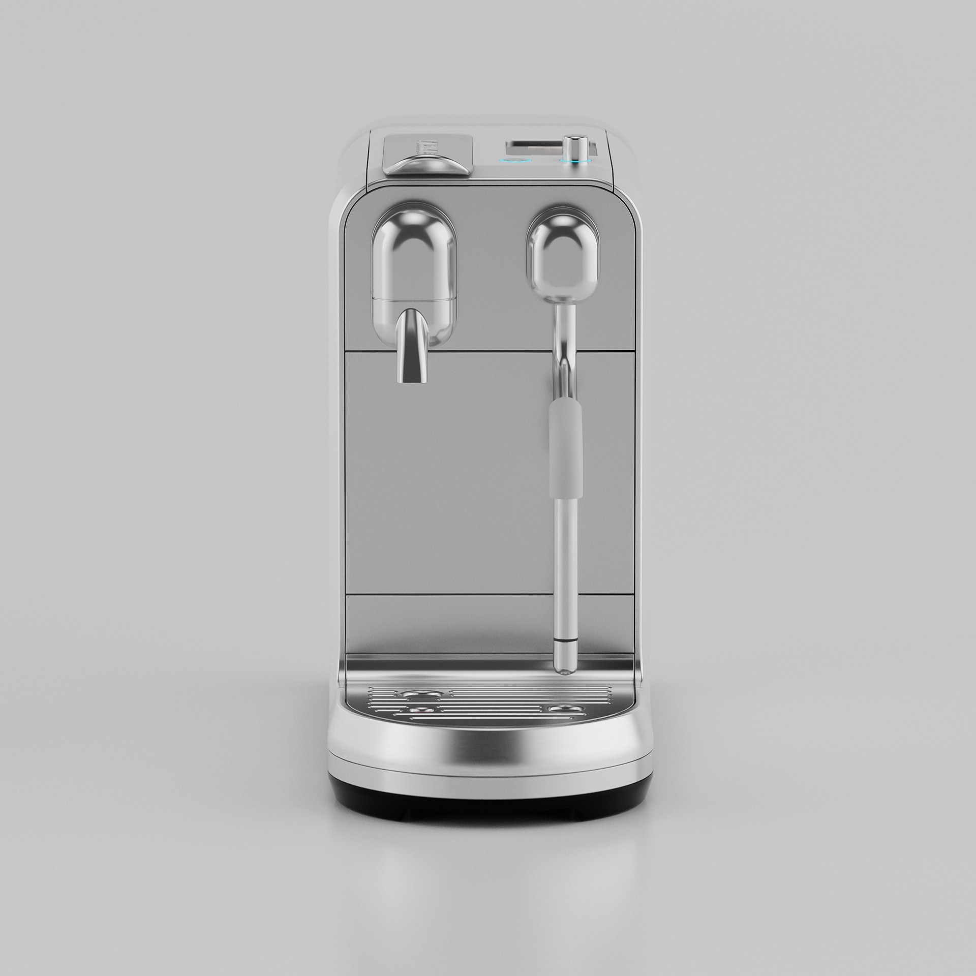 Front view of a modern stainless steel espresso machine with dual spouts, sleek and minimalistic design, placed against a light grey background.