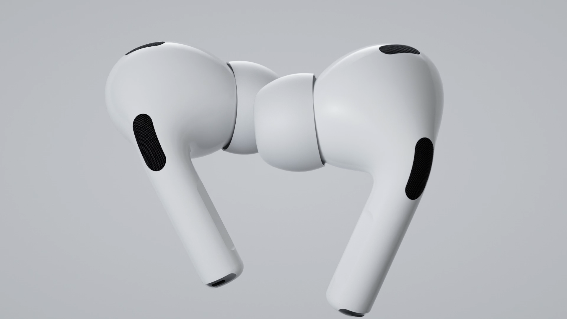 Close-up of white in-ear wireless earbuds showing the black speaker grilles, floating against a light grey background.