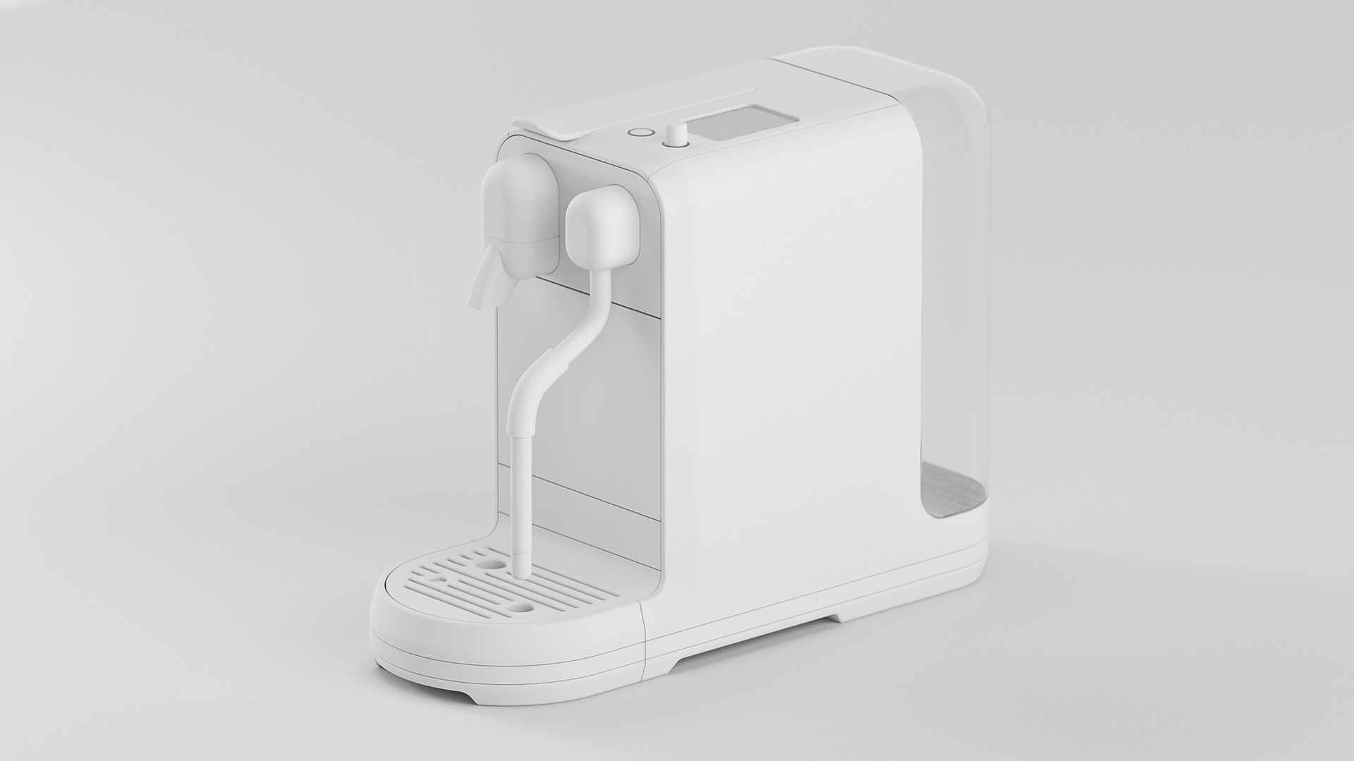 Minimalist white espresso machine with a sleek design, placed against a light grey background.