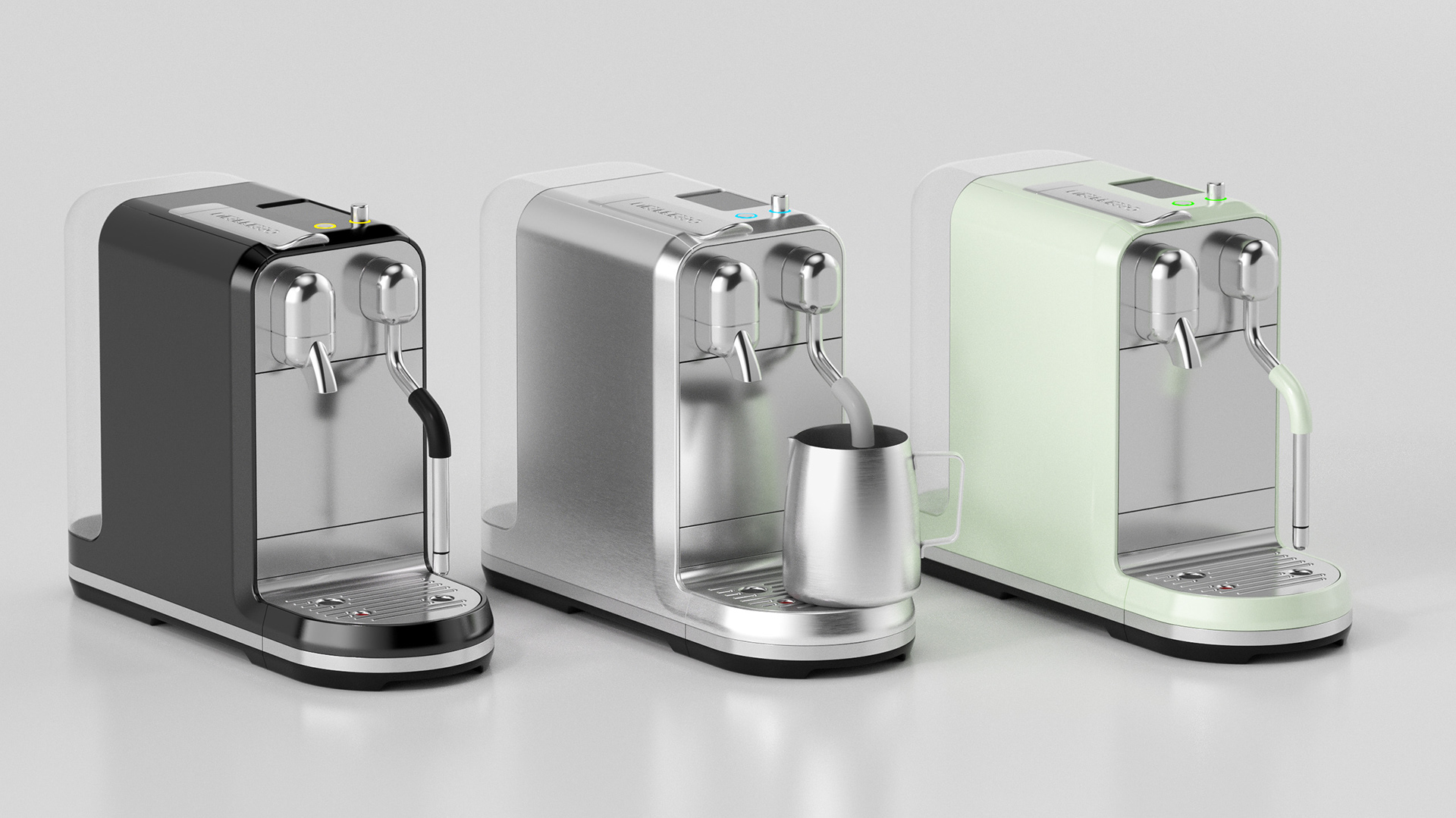 Three modern espresso machines in different colors (black, silver, and mint green) placed side by side on a light grey surface, showcasing their sleek and minimalistic design.