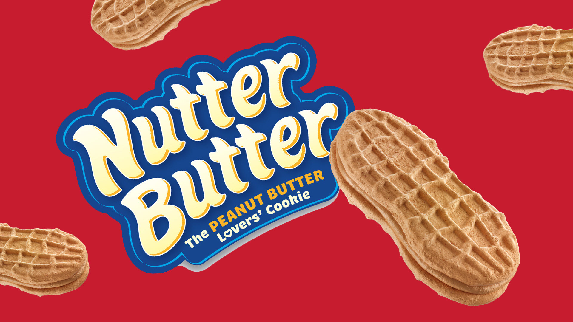 Nutter Butter logo with the tagline 'The Peanut Butter Lovers' Cookie' surrounded by peanut-shaped cookies, displayed against a red background.
