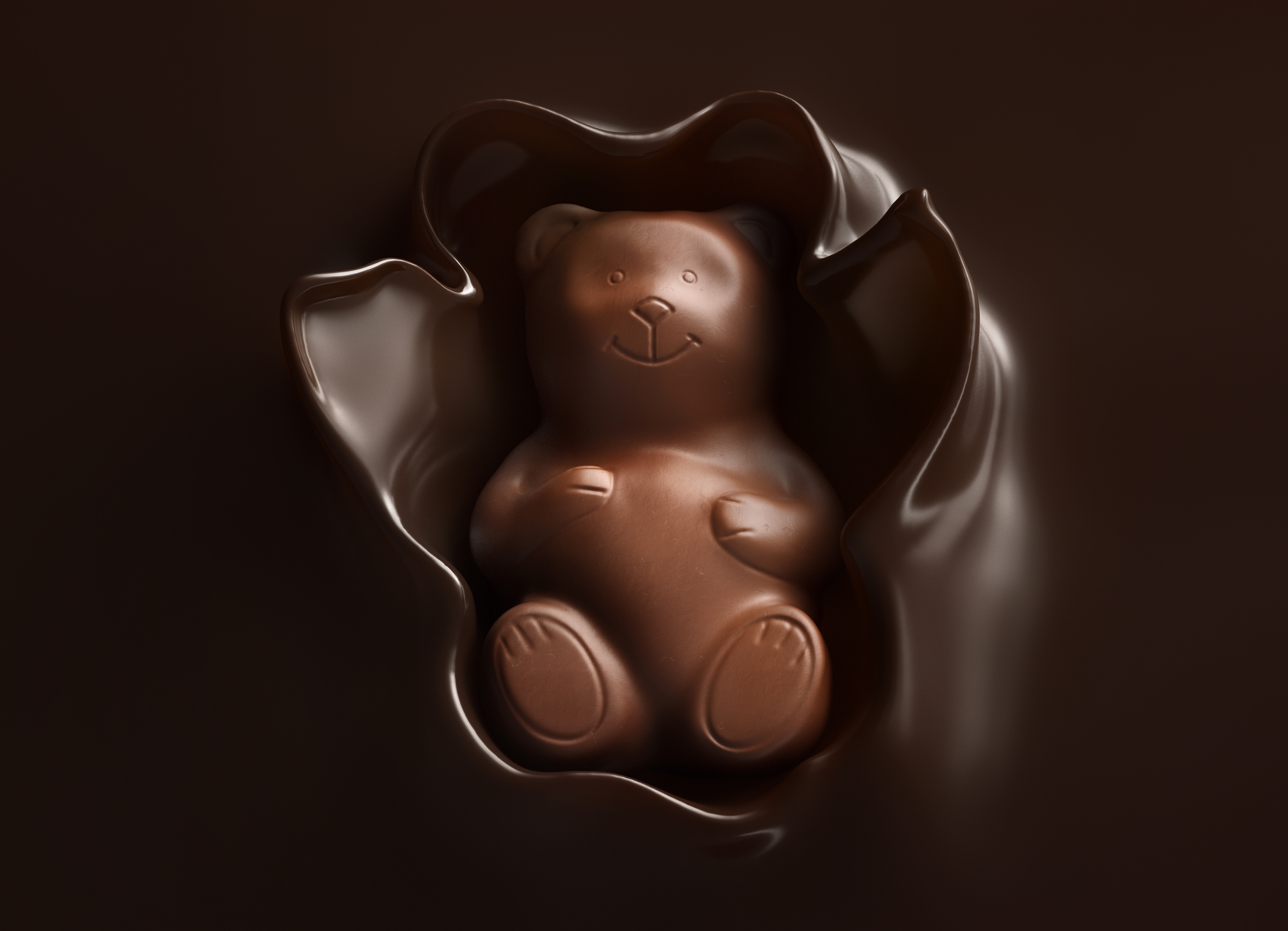 Chocolate bear figurine partially covered in melted chocolate, highlighting its smooth and detailed design, against a rich brown background.