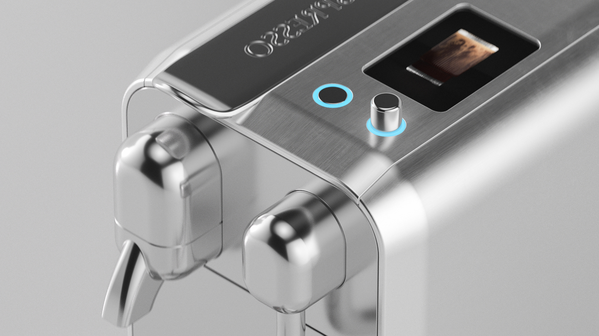 Close-up of the top control panel of a modern stainless steel espresso machine, featuring a small screen and illuminated buttons, placed against a light grey background.