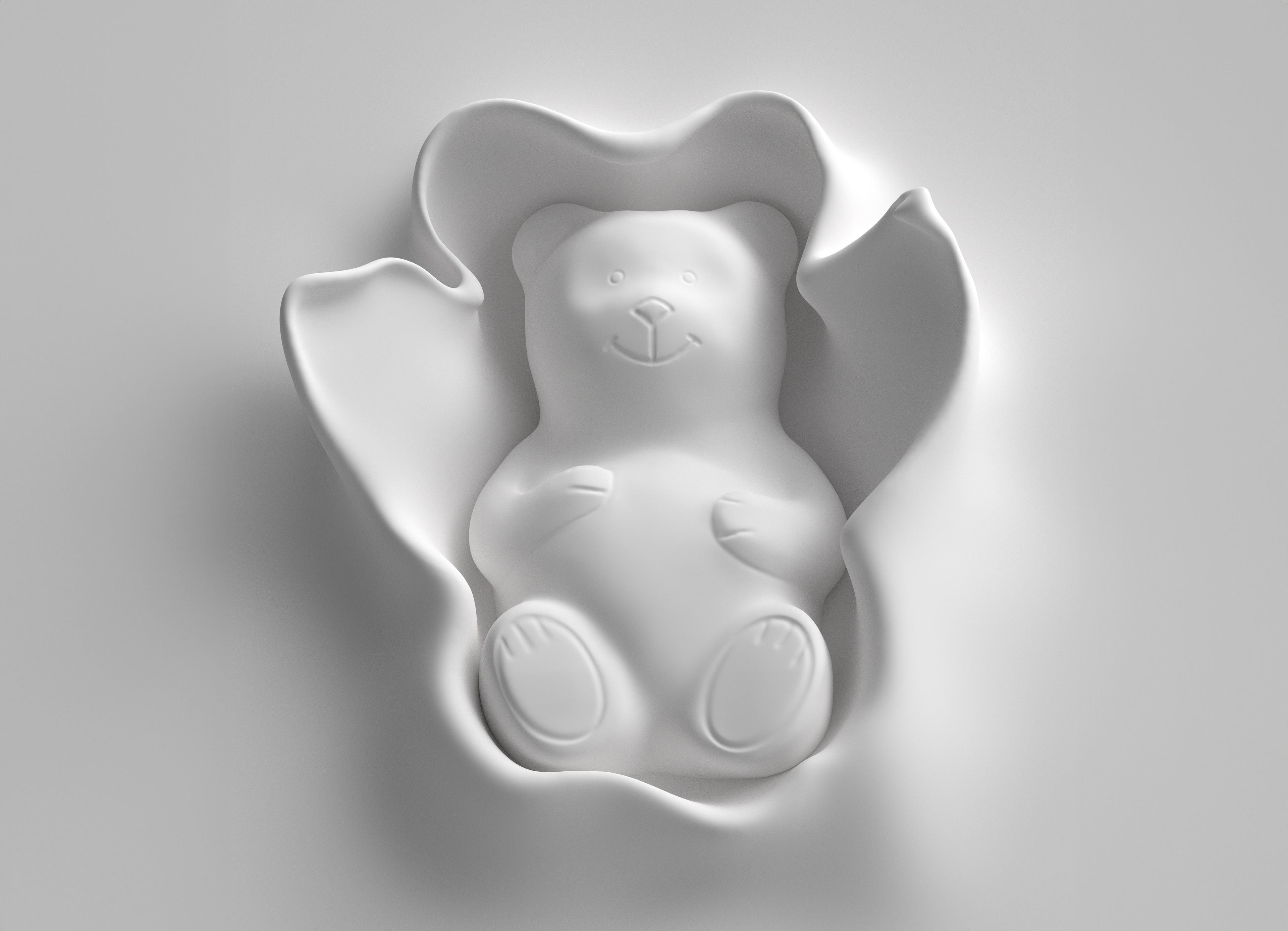 White bear figurine partially covered in smooth material, highlighting its detailed design, against a light grey background."