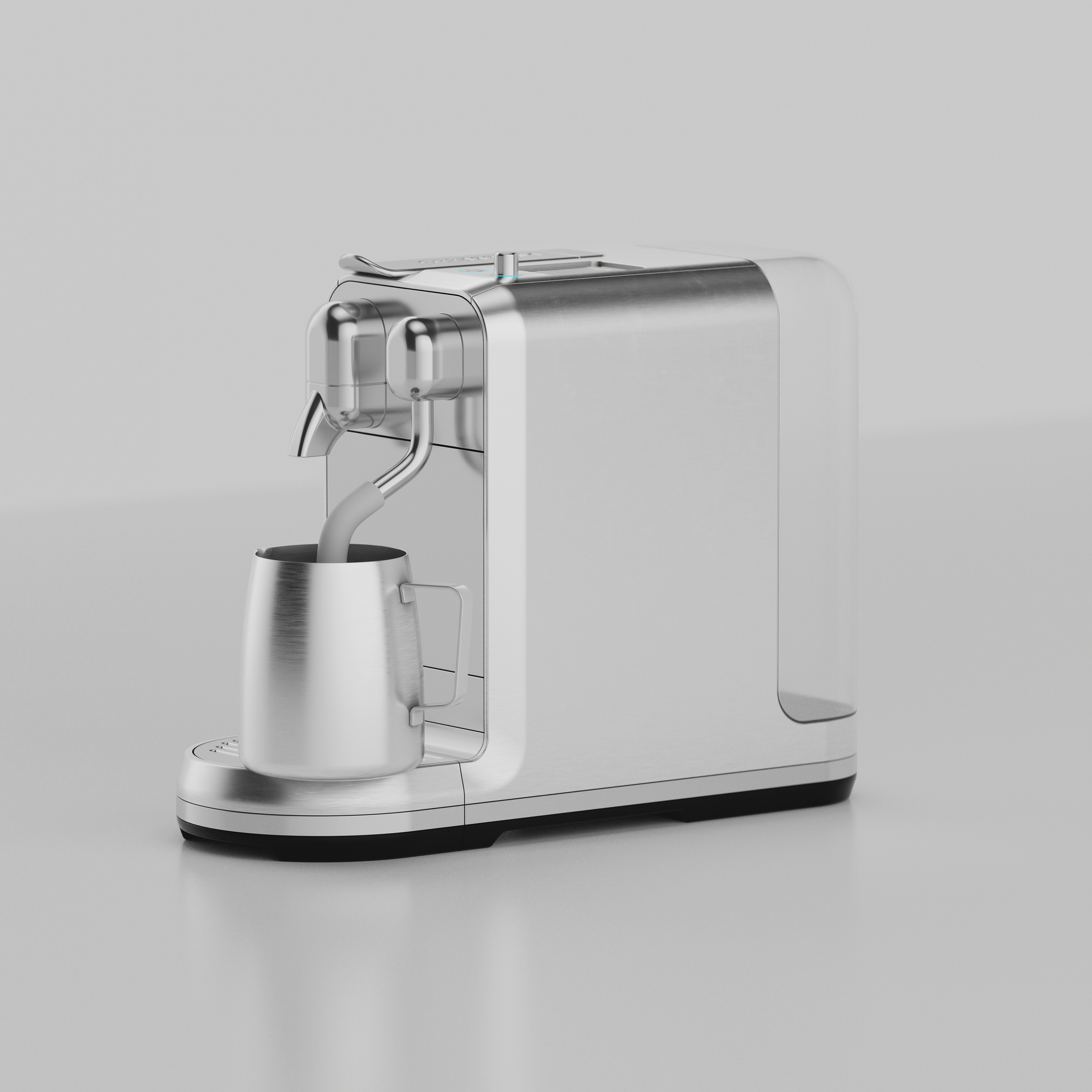 Modern stainless steel espresso machine pouring milk into a metal cup, featuring a sleek and minimalistic design, placed against a light grey background.