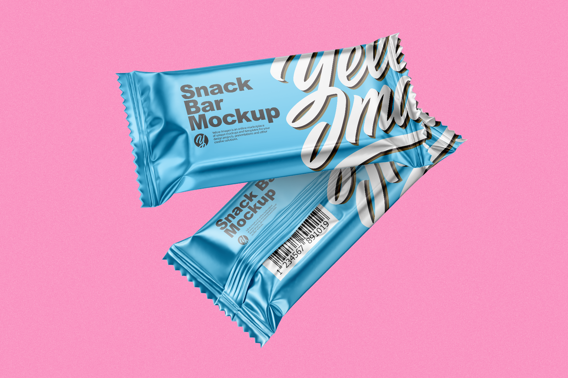 Blue snack bar packaging mockup with a stylish design, displayed against a pink background.