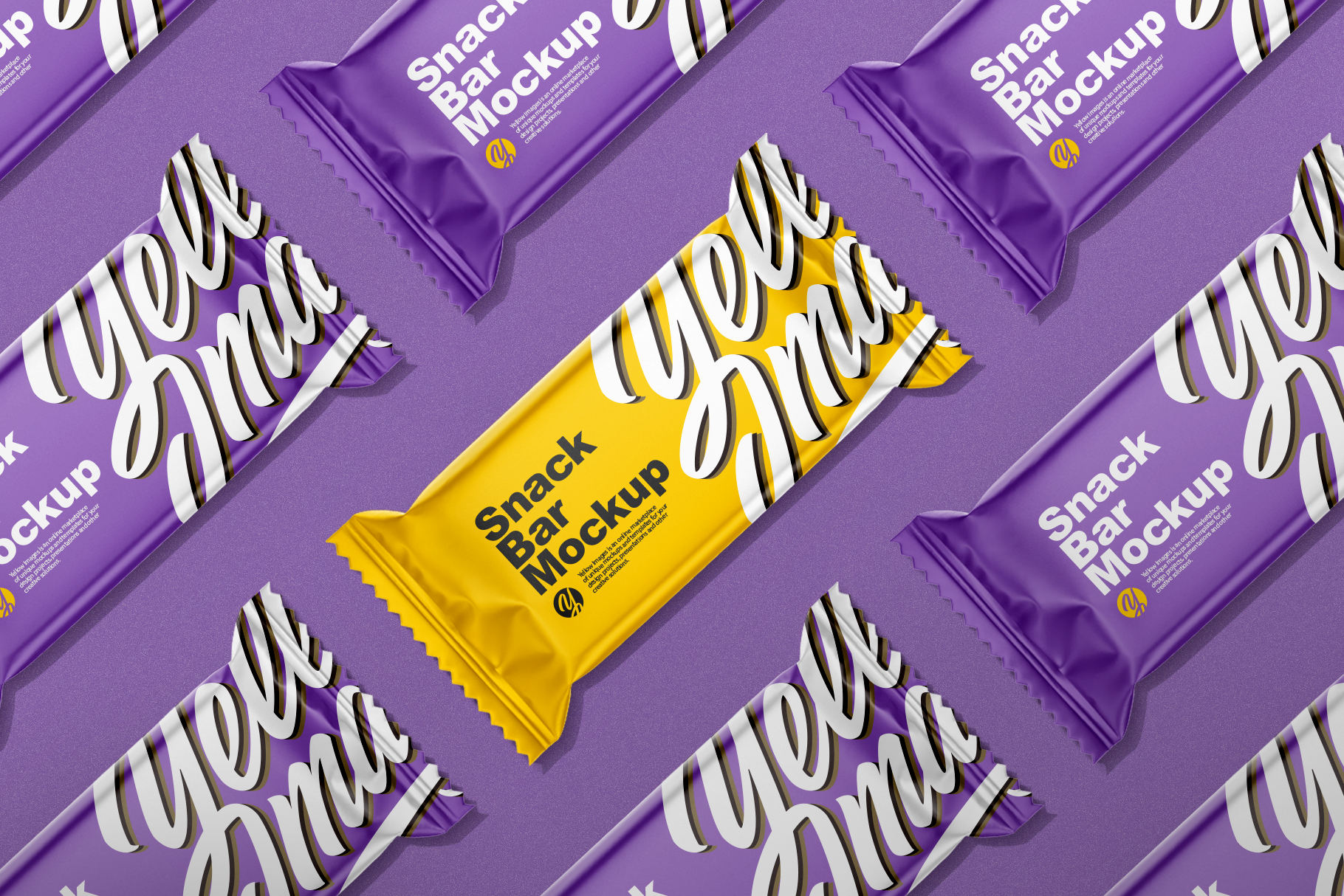 Purple and yellow snack bar packaging mockup with a stylish design, displayed against a purple background in a repeating pattern.