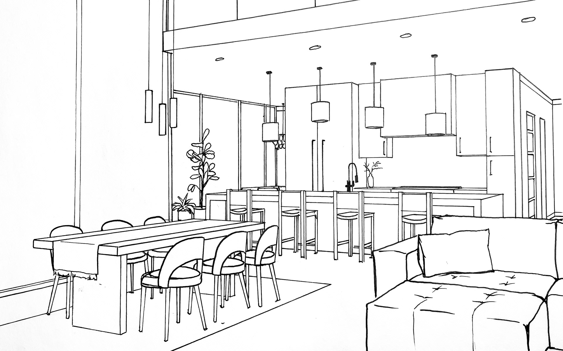 Residential Project Kitchen and Dining Area Sketch, Pen