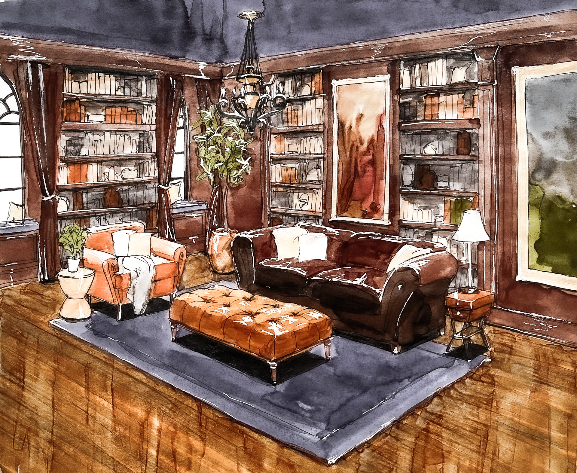 Living Room Sketch Concept #1, Marker Rendering