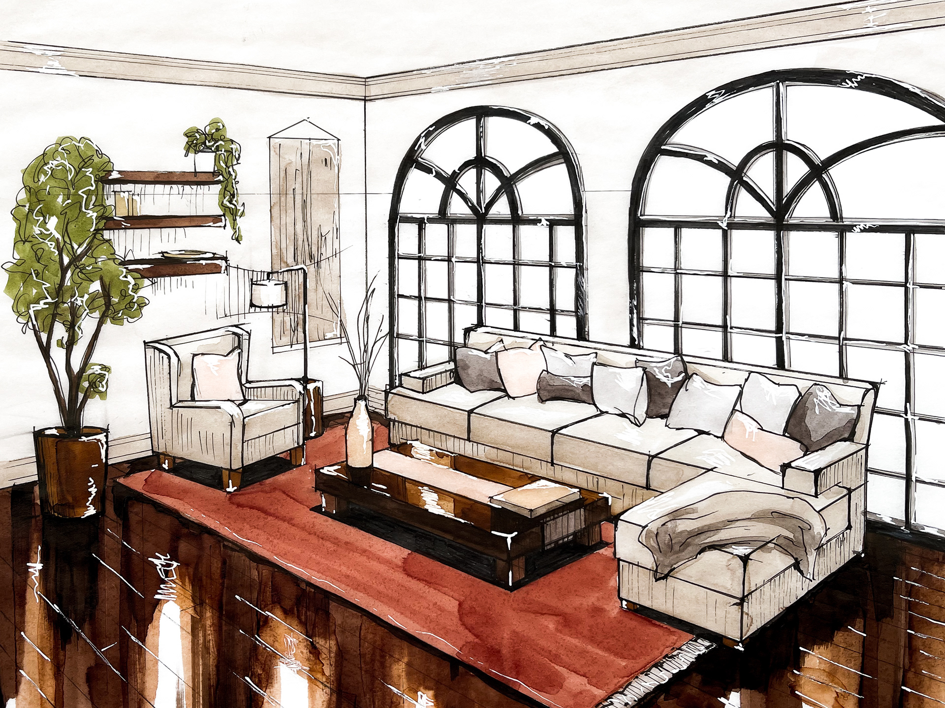 Living Room Concept Drawing, Marker Rendering