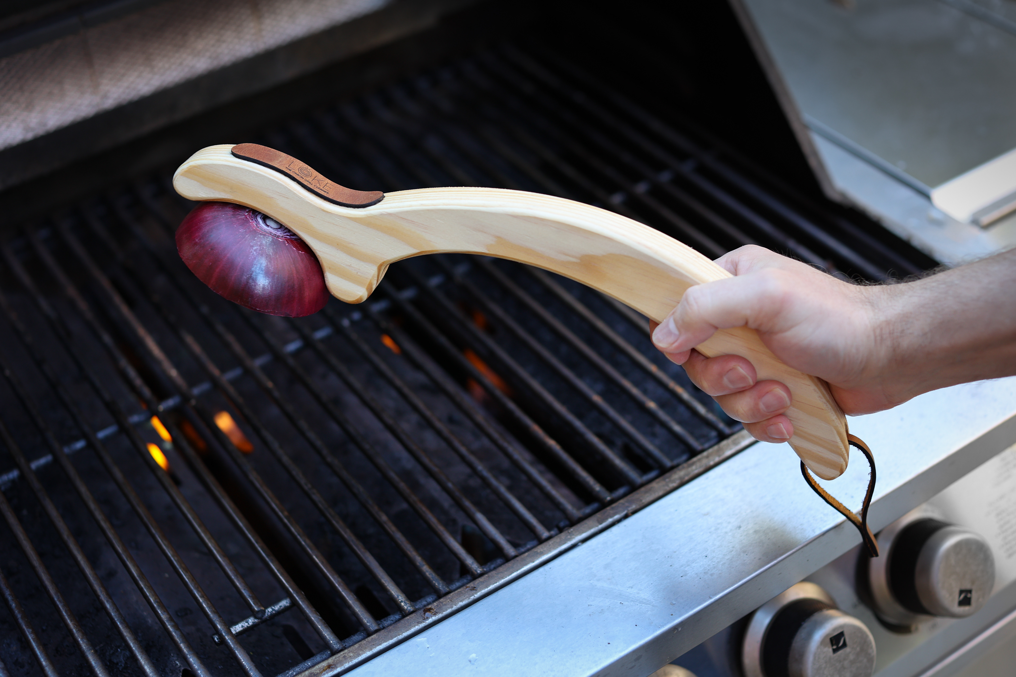 'Onion Grill Cleaner', CNC-Cut Pine Wood and Laser-Cut Leather