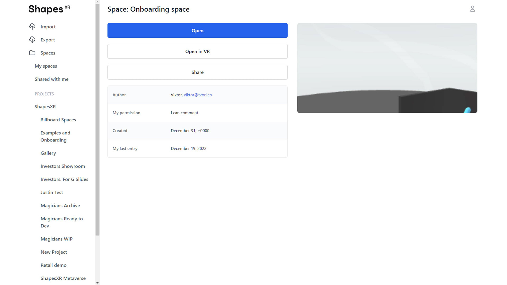 Dashboard before re design: Space page