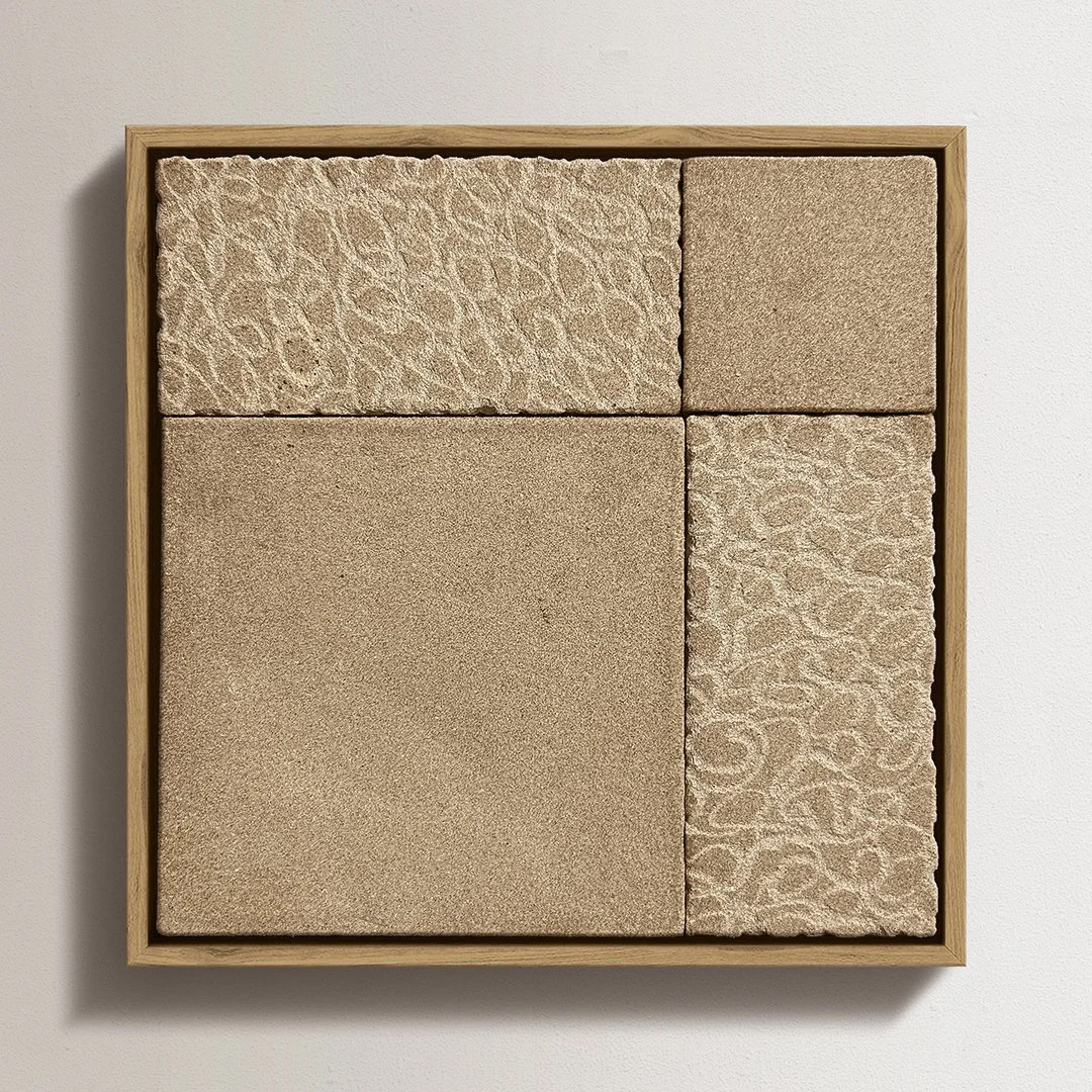Framed Mosaic 01, 2026, Unglazed stoneware with oak frame, 7 in H × 7 in W (17.8 × 17.8 cm)